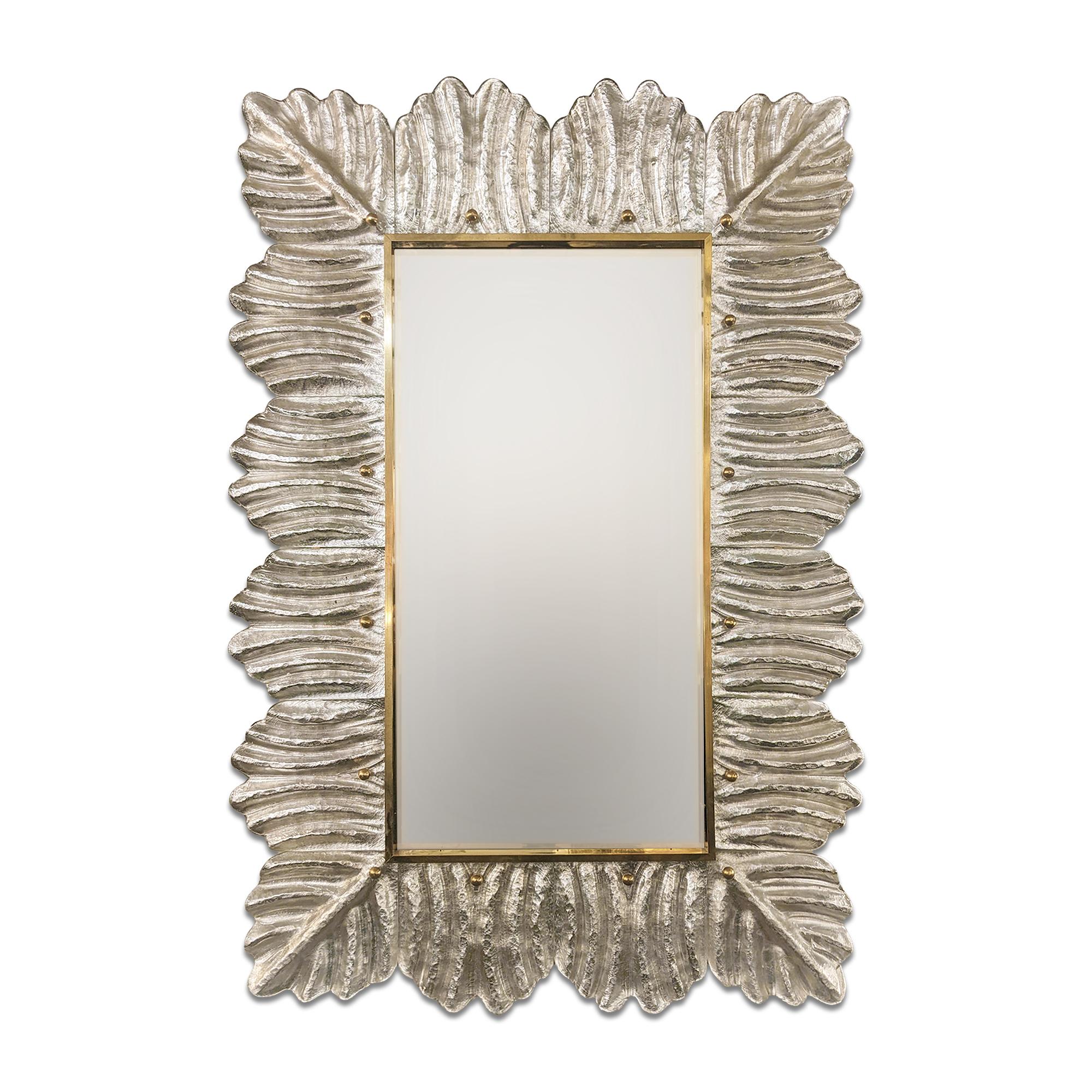 Silver-Leafed Murano Glass Leaf Motif Mirror With Brass Studs