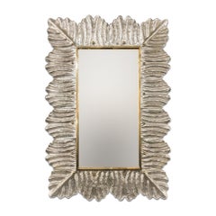Silver-Leafed Murano Glass Leaf Motif Mirror With Brass Studs