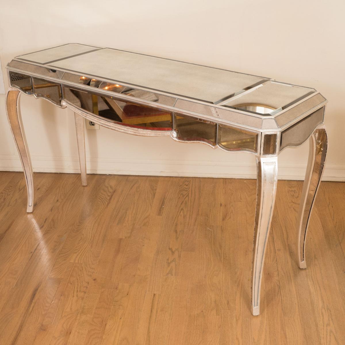 Mid-Century Modern Silver leafed wood and mirror vanity table For Sale