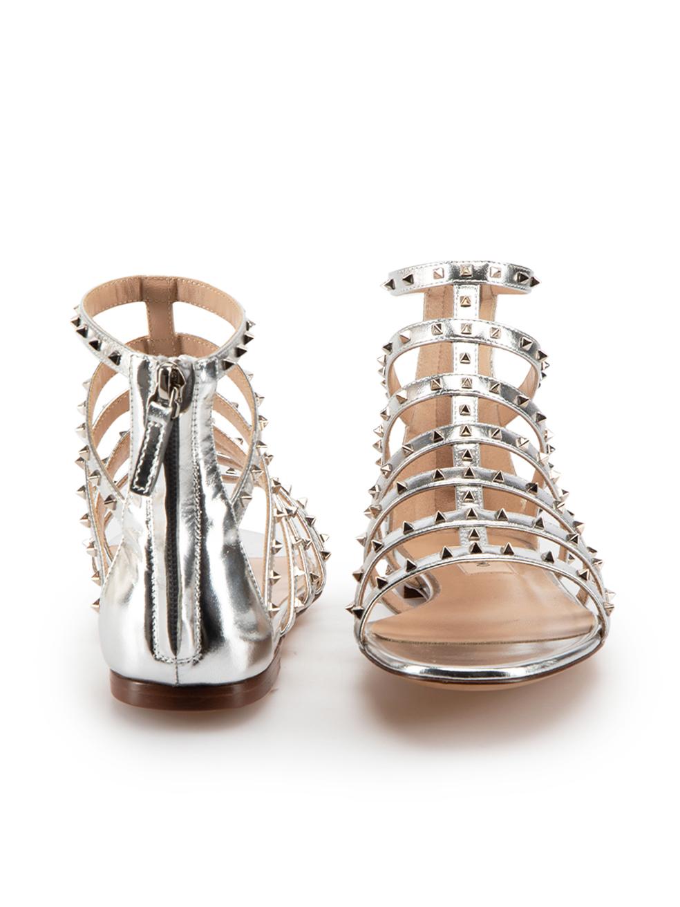 Beige Silver Leather Rock Stud Gladiator Sandals Size IT 36 For Sale