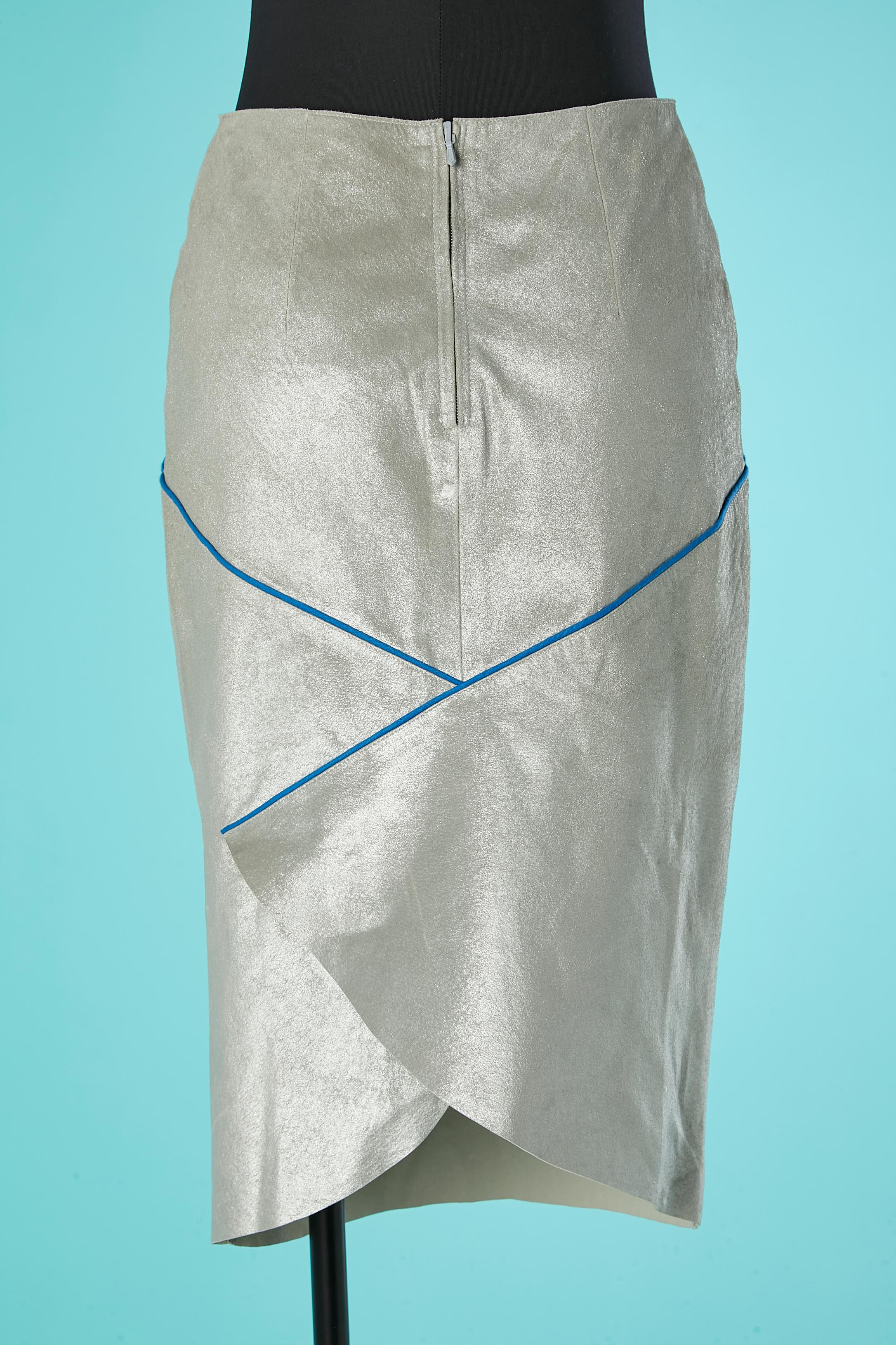 Gray Silver leather skirt with blue piping wrapped on the back Hervé Léger For Sale
