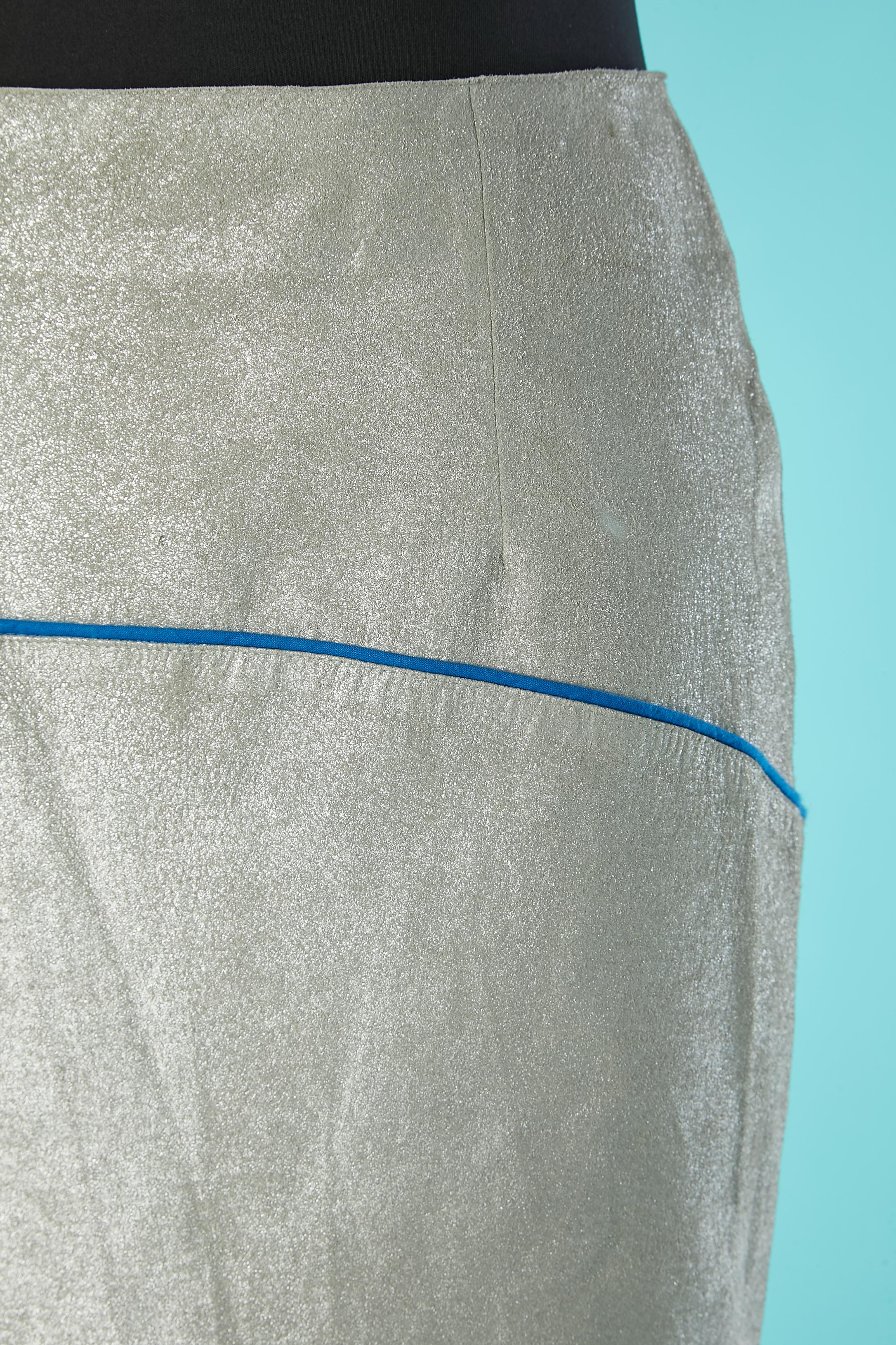 Silver leather skirt with blue piping wrapped on the back Hervé Léger In Excellent Condition For Sale In Saint-Ouen-Sur-Seine, FR