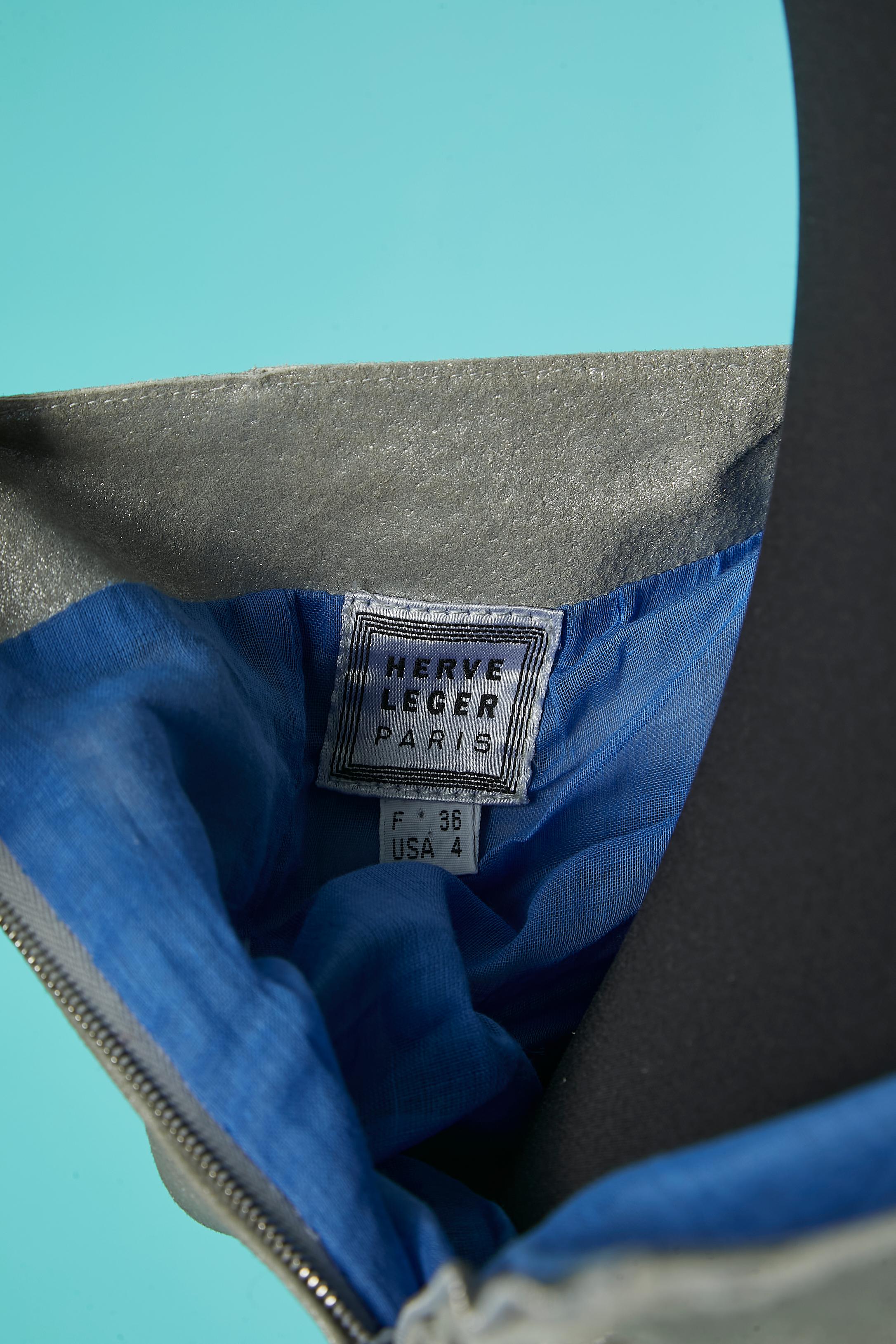 Women's Silver leather skirt with blue piping wrapped on the back Hervé Léger For Sale