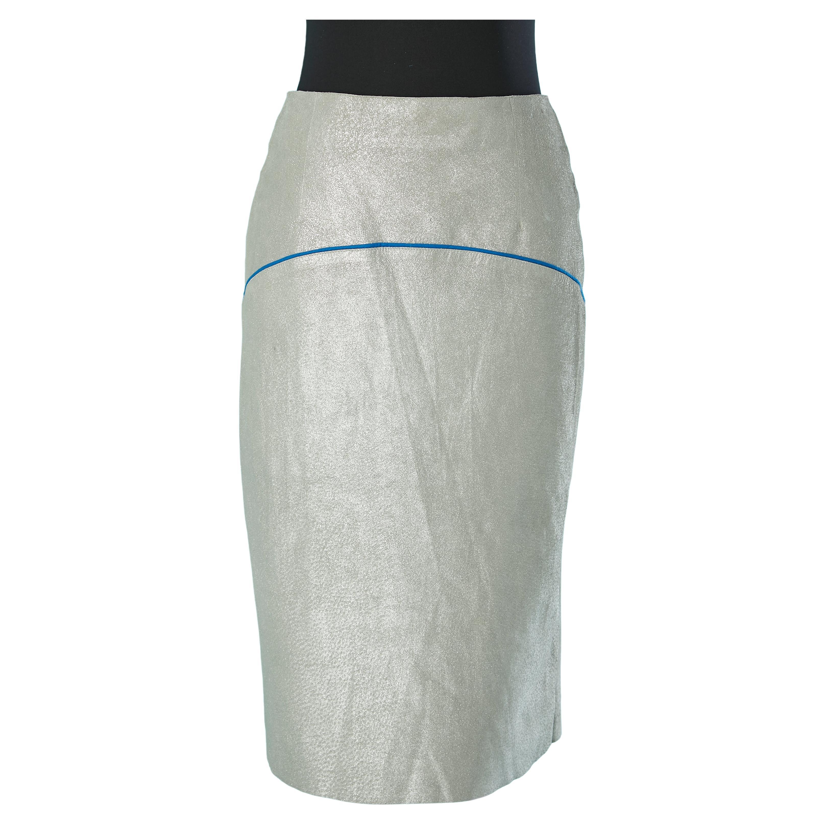 Silver leather skirt with blue piping wrapped on the back Hervé Léger For Sale