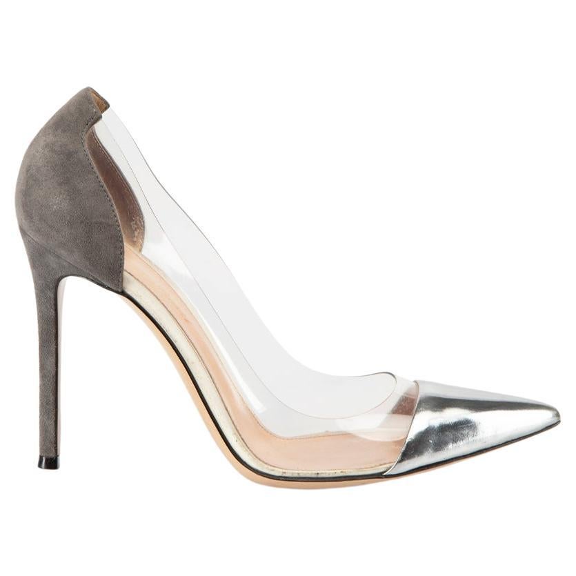 Silver Leather 
Suede Panelled Plexi Pumps Size IT 38.5