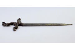 Silver letter opener in the shape of a sword with acanthus leaf reliefs