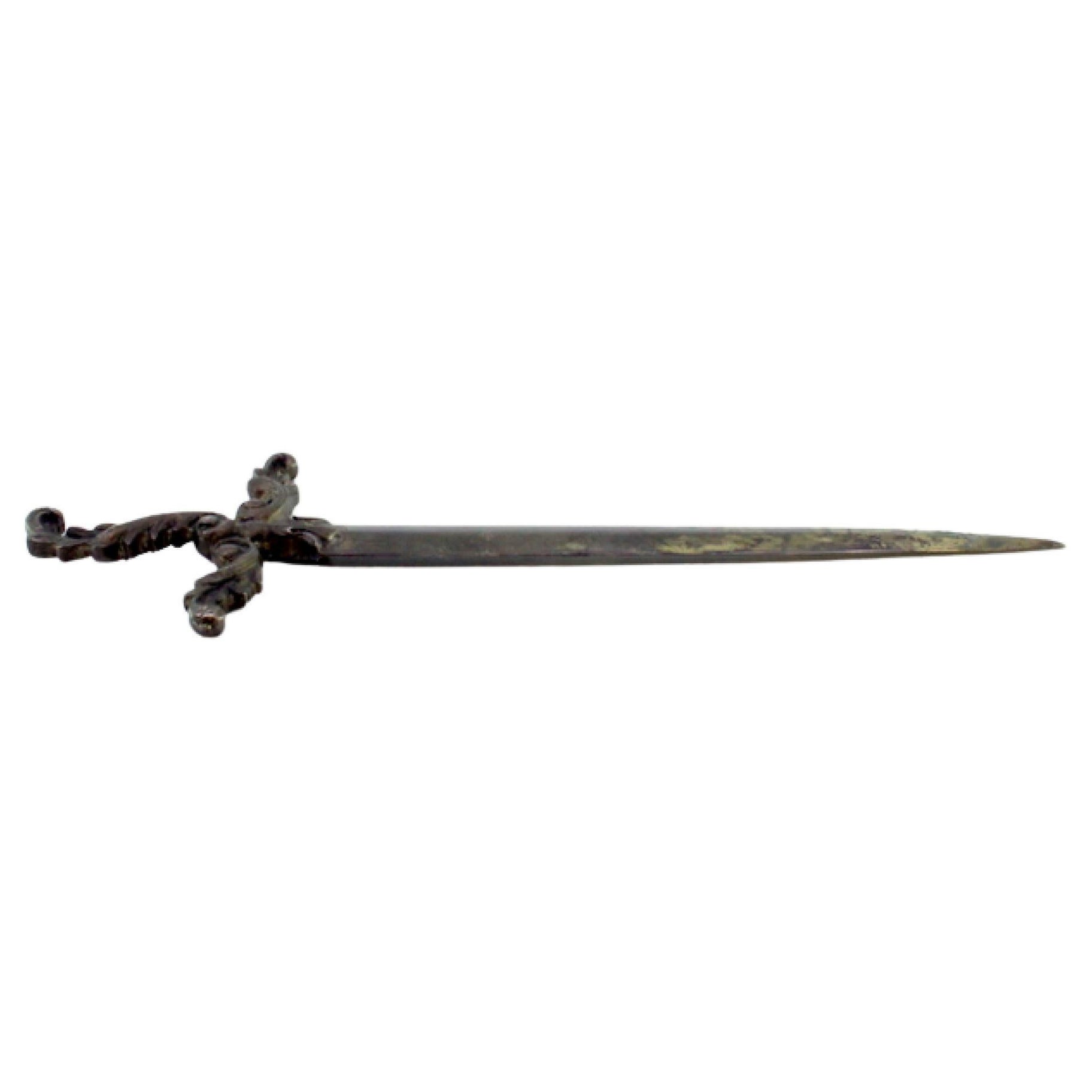 Silver letter opener in the shape of a sword with acanthus leaf reliefs