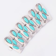 Silver Link "Gauntlet" Cuff Bracelet With Turquoise Cabochons By Napier, 1950s
