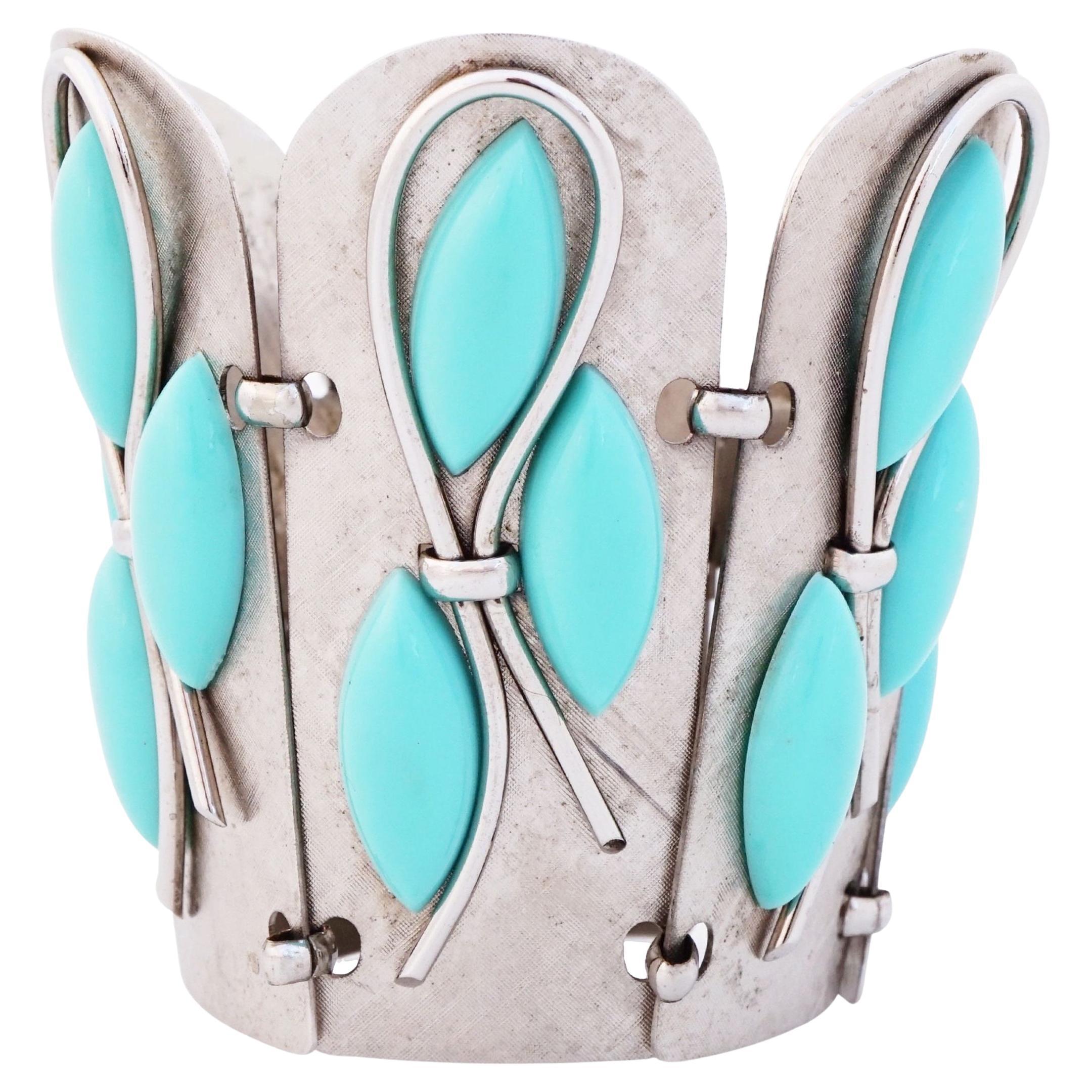 Silver Link "Gauntlet" Cuff Bracelet With Turquoise Cabochons By Napier, 1950s For Sale