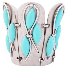 Silver Link "Gauntlet" Cuff Bracelet With Turquoise Cabochons By Napier, 1950s