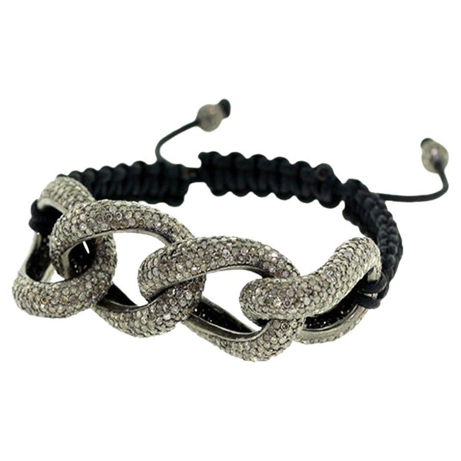 Silver Link Macrame Bracelet Accented With Pave Diamonds