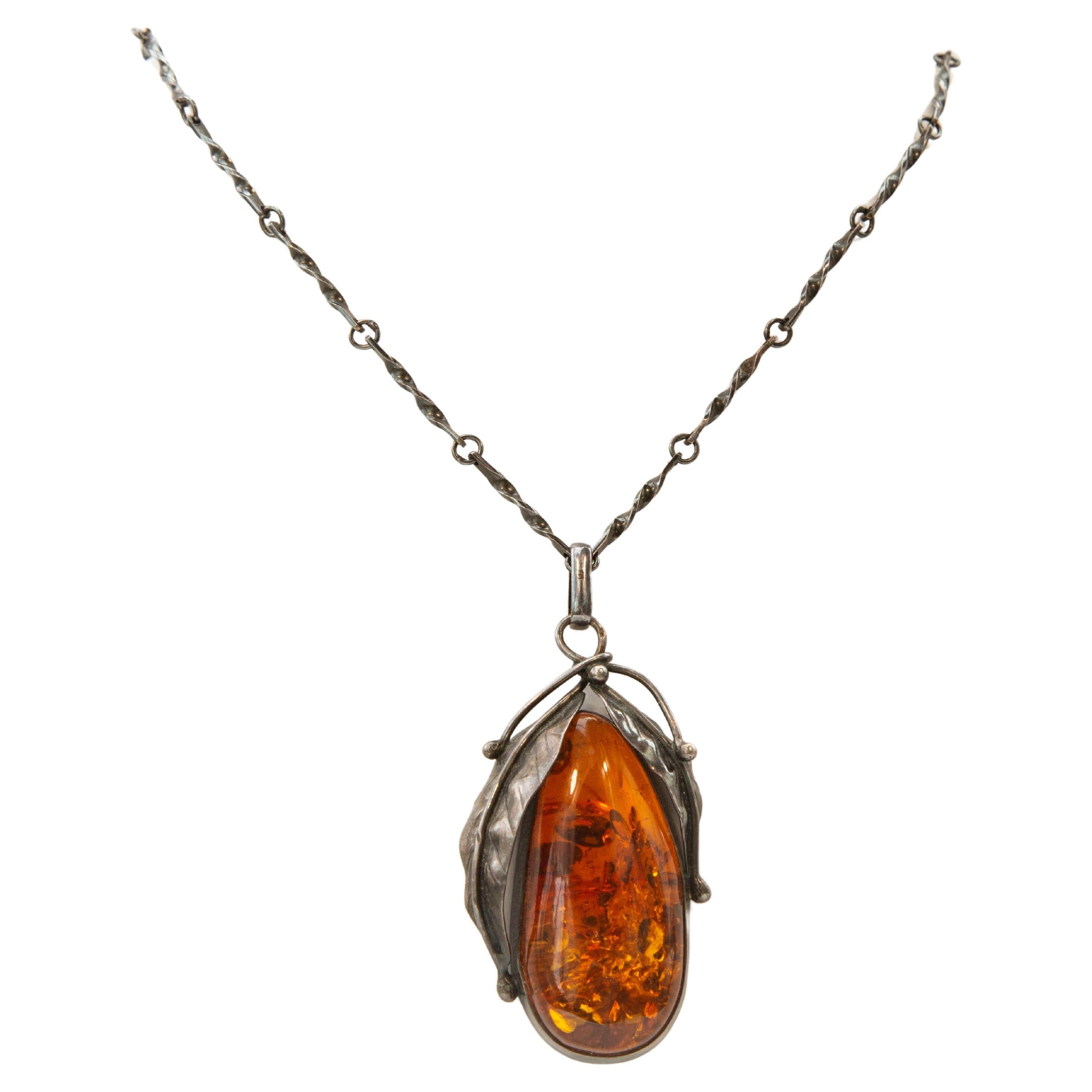 Silver Link Necklace with Large Baltic Amber Pendant For Sale