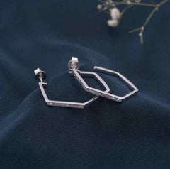 Silver Loop Hoop Moissanite Earrings 925 Sterling Silver Unique Present For Her.