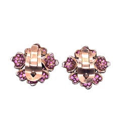 Silver, Low Karat Rose Gold, and Ruby Flower Ear Clips