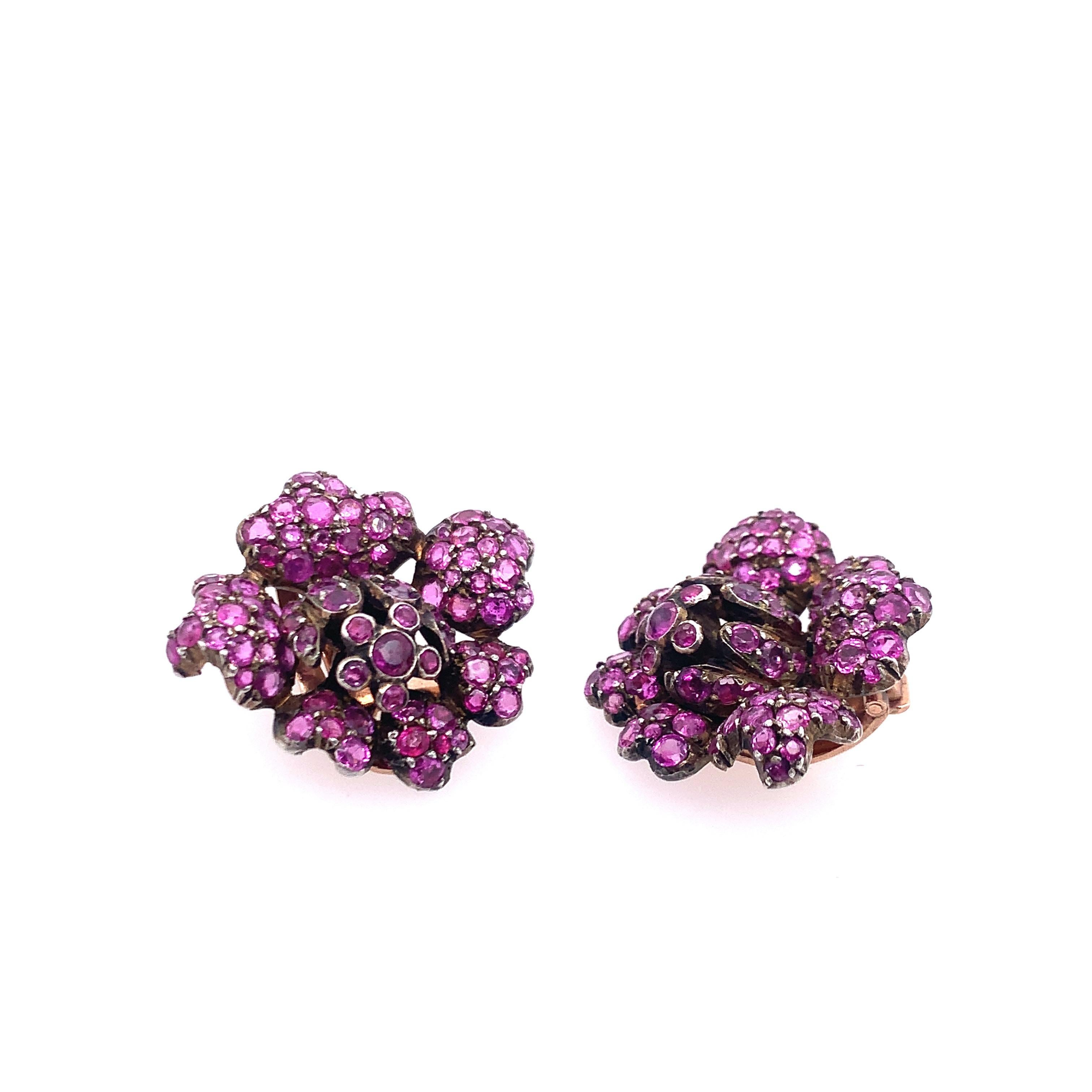 Silver, Low Karat Rose Gold, and Ruby Flower Ear Clips In Good Condition For Sale In New York, NY