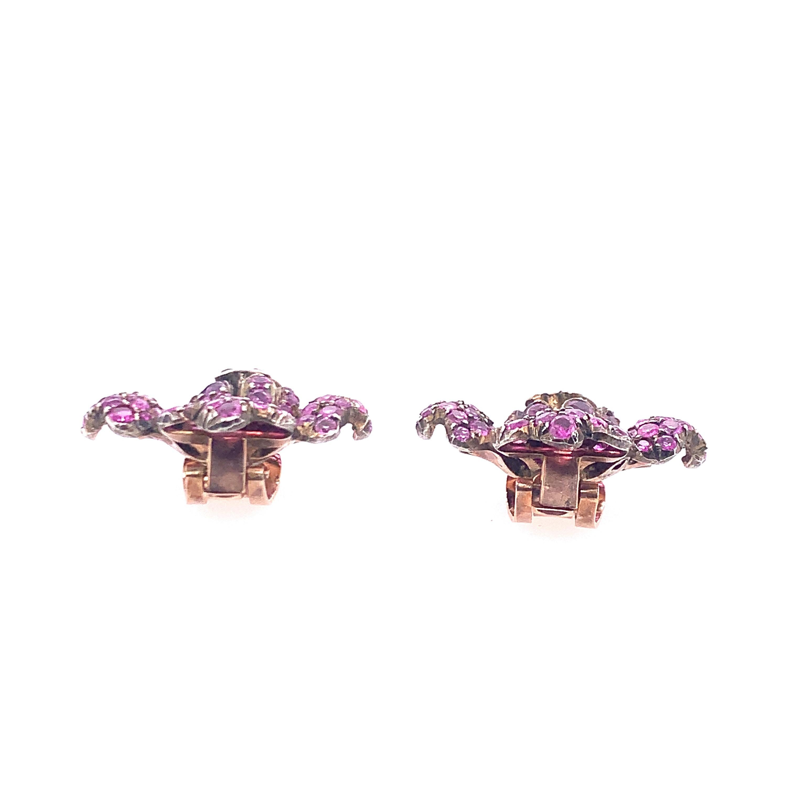 Women's Silver, Low Karat Rose Gold, and Ruby Flower Ear Clips For Sale