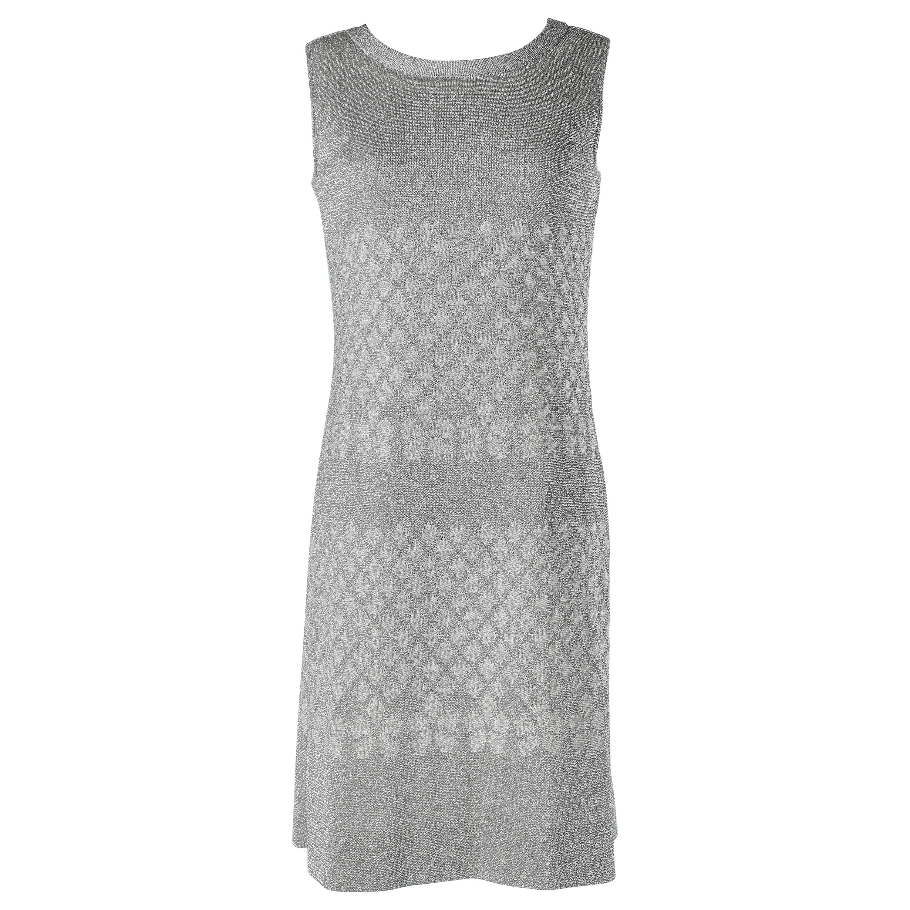 Silver lurex jersey dress with lozenges pattern Pierre Balmain "Les tricots"  For Sale