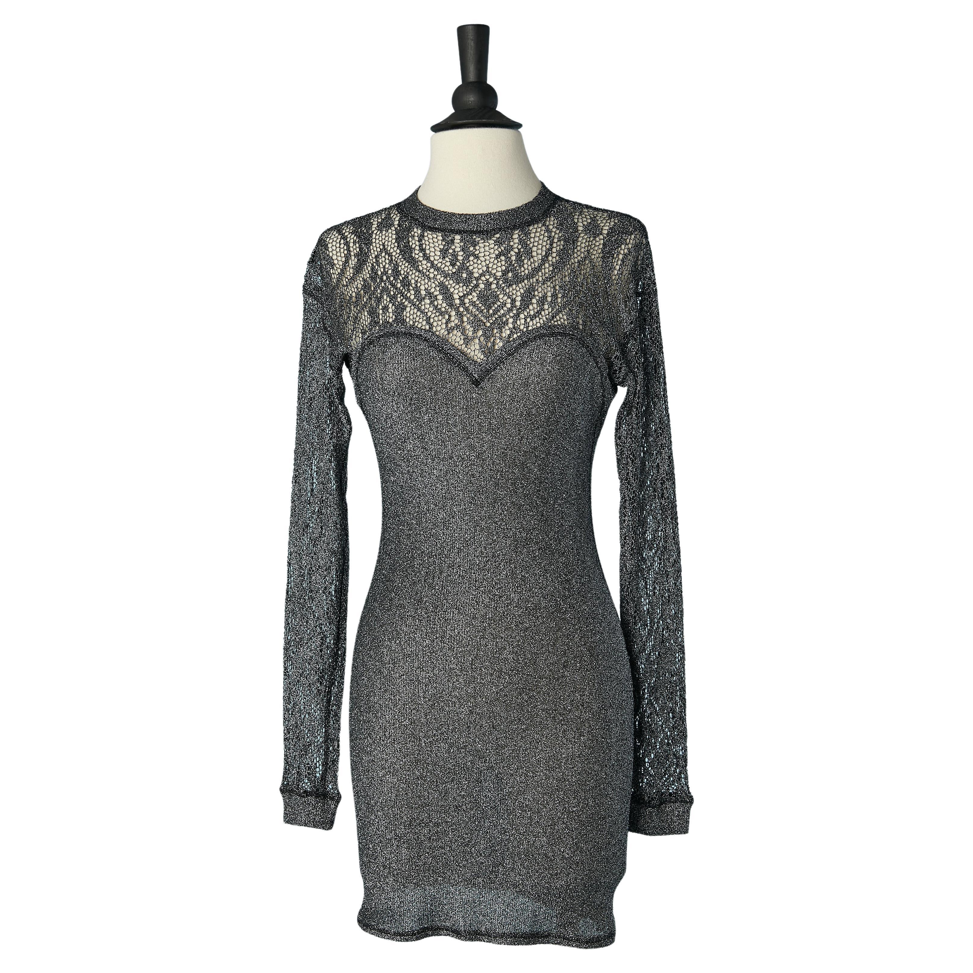 Silver lurex knit and lace cocktail dress Chantal THOMASS Circa 1990's  For Sale