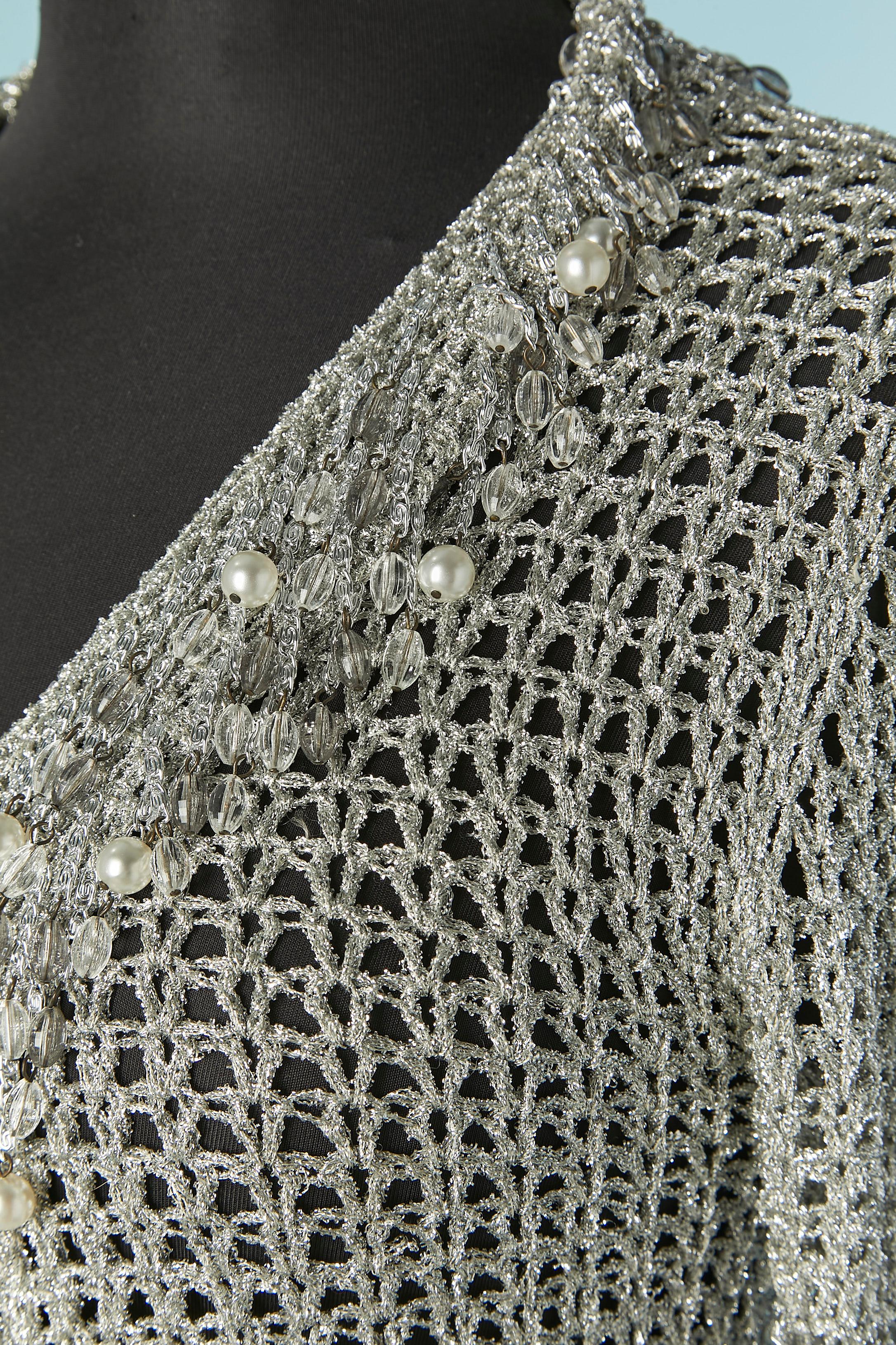 Nero Cardigan in maglia lurex argento con frange di perline Loris Azzaro in vendita
