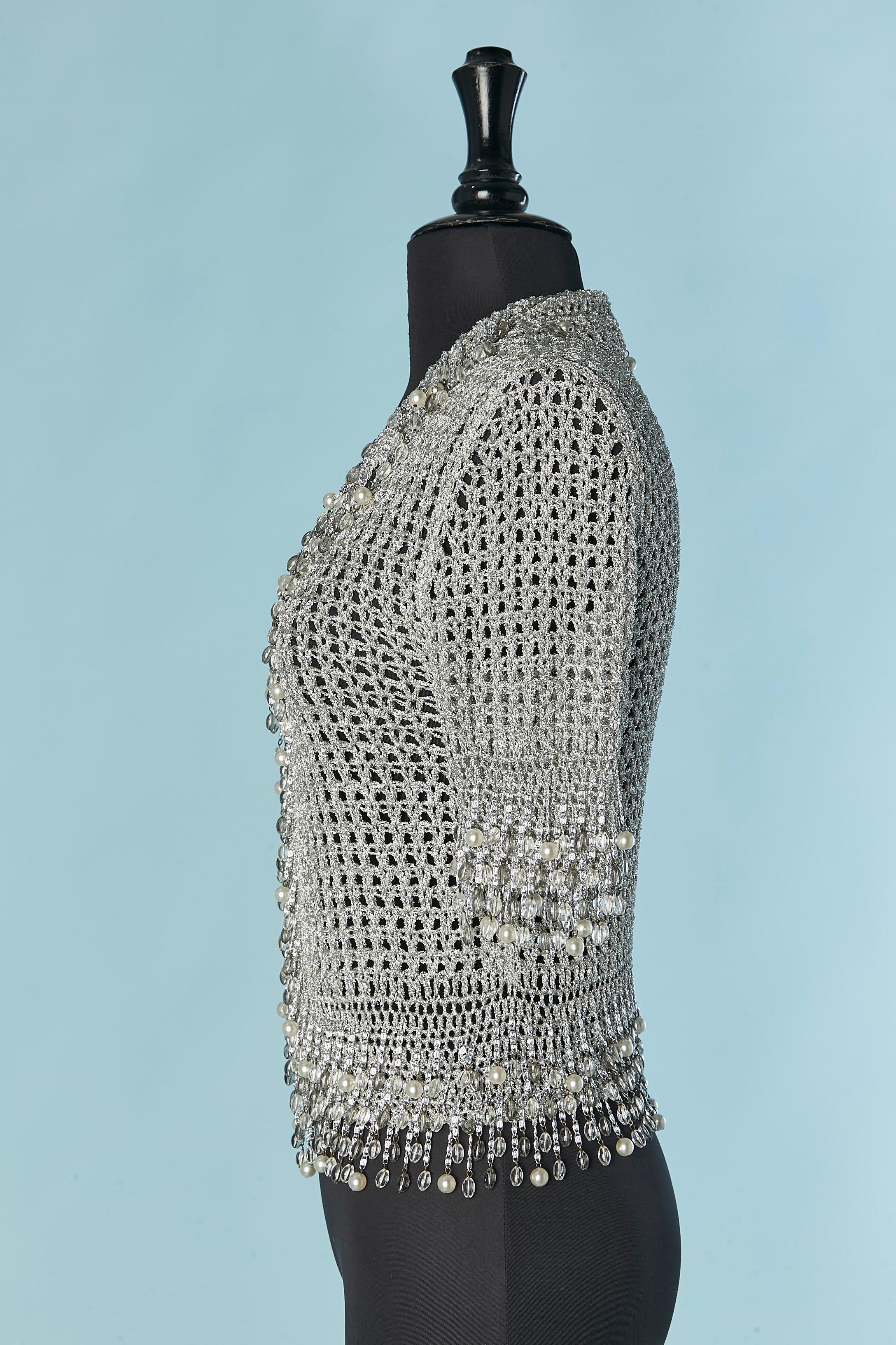 Donna Cardigan in maglia lurex argento con frange di perline Loris Azzaro in vendita