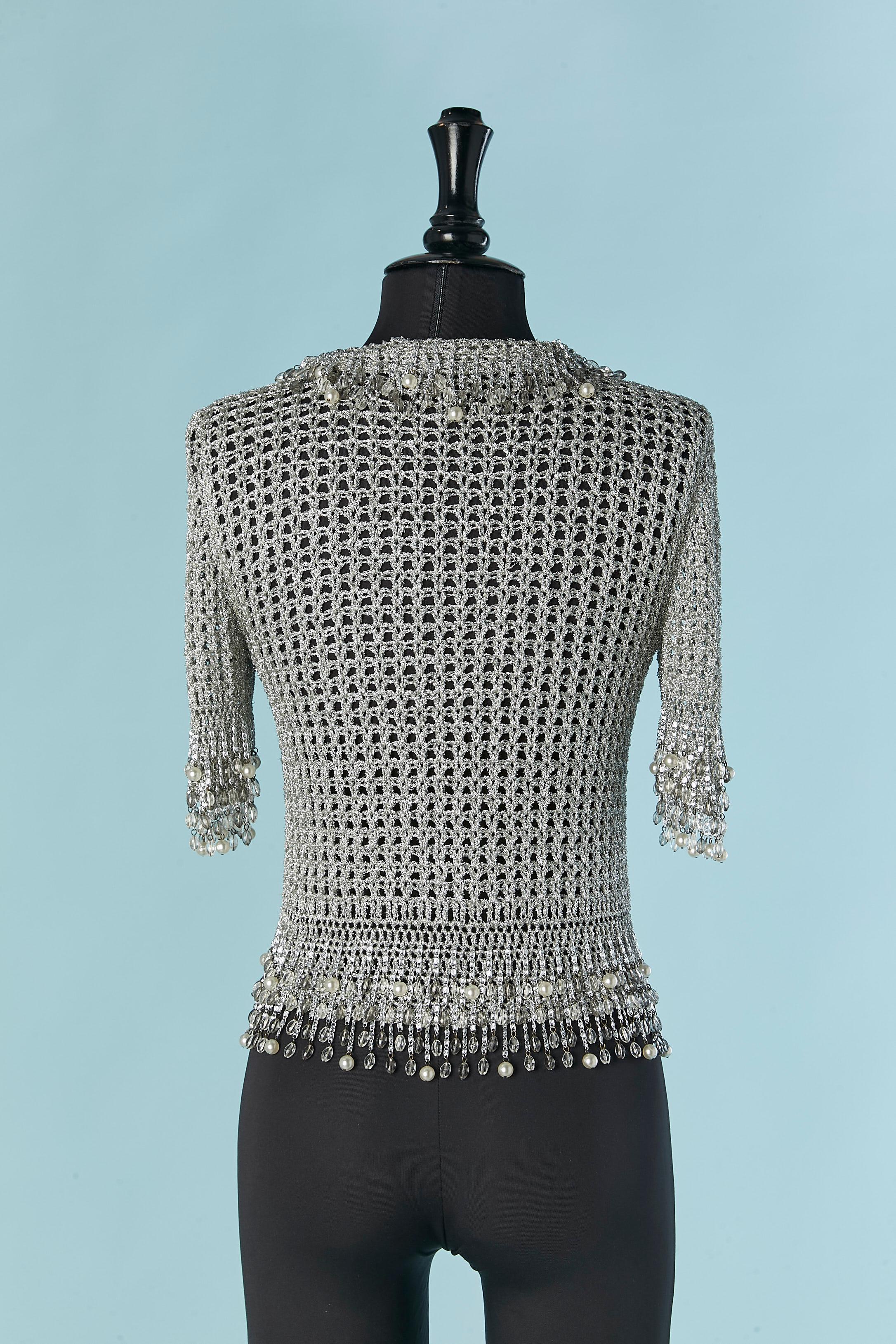 Cardigan in maglia lurex argento con frange di perline Loris Azzaro in vendita 1