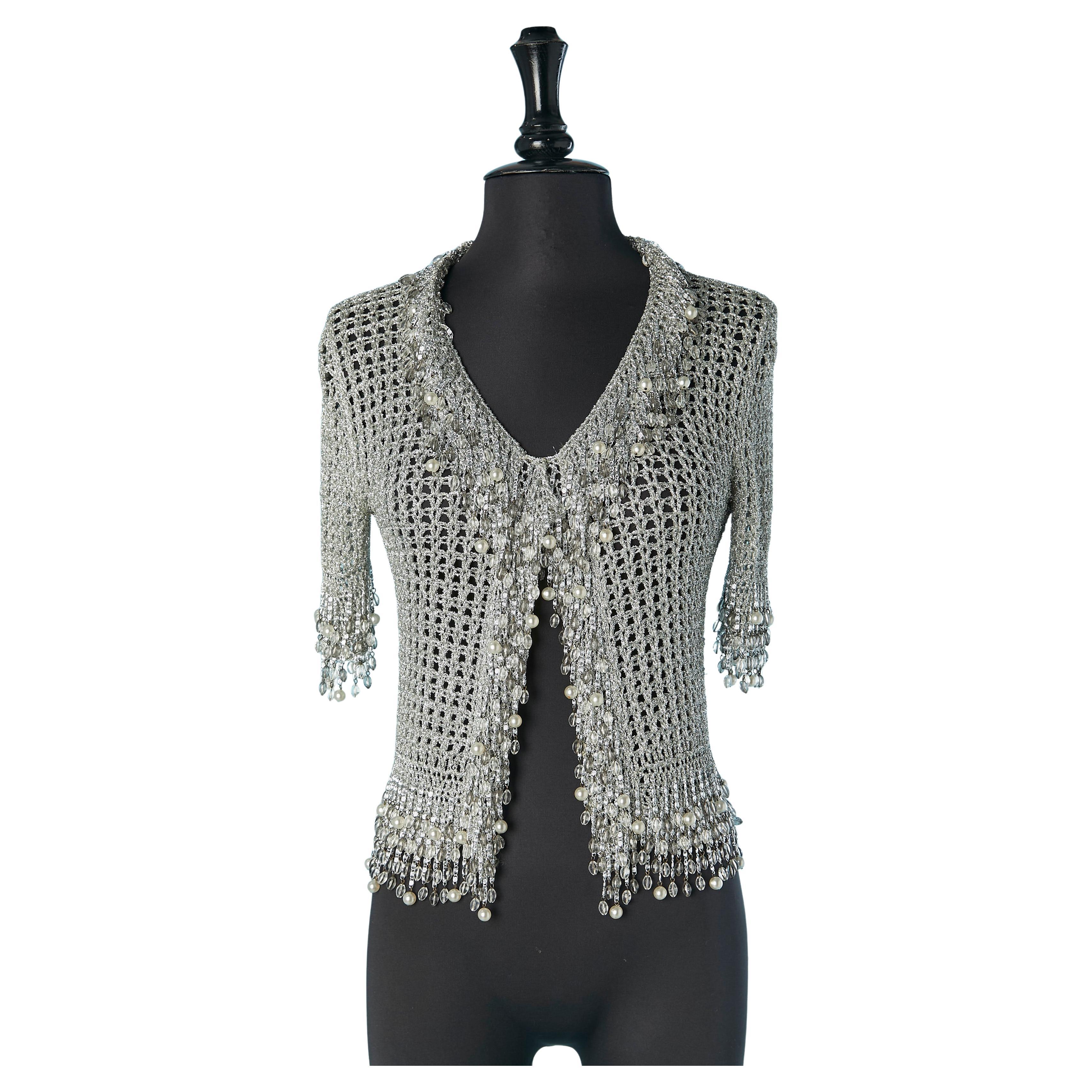 Cardigan in maglia lurex argento con frange di perline Loris Azzaro in vendita