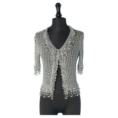 Cardigan in maglia lurex argento con frange di perline Loris Azzaro