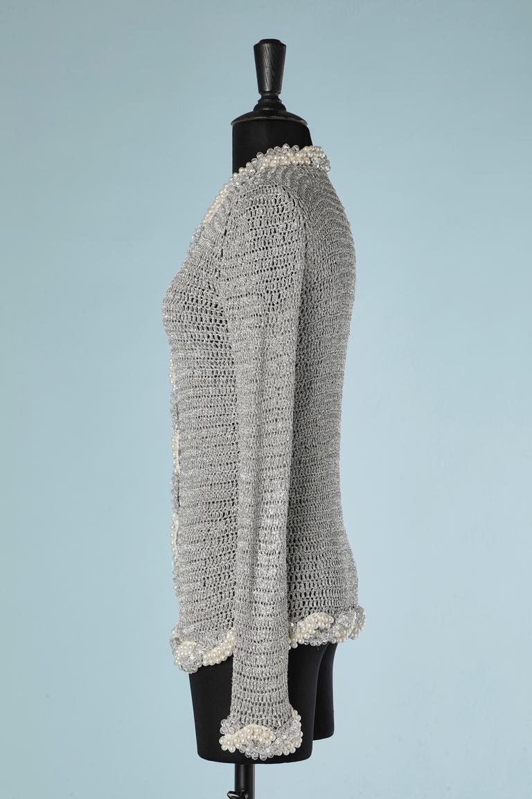 Silver lurex knitted cardigan beaded on the front Loris Azzaro Paris In Excellent Condition In Saint-Ouen-Sur-Seine, FR