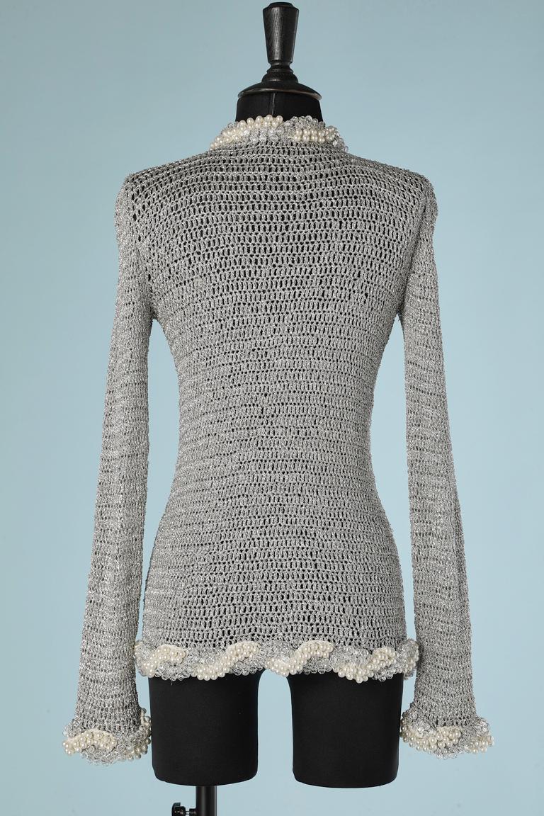 Silver lurex knitted cardigan beaded on the front Loris Azzaro Paris 1