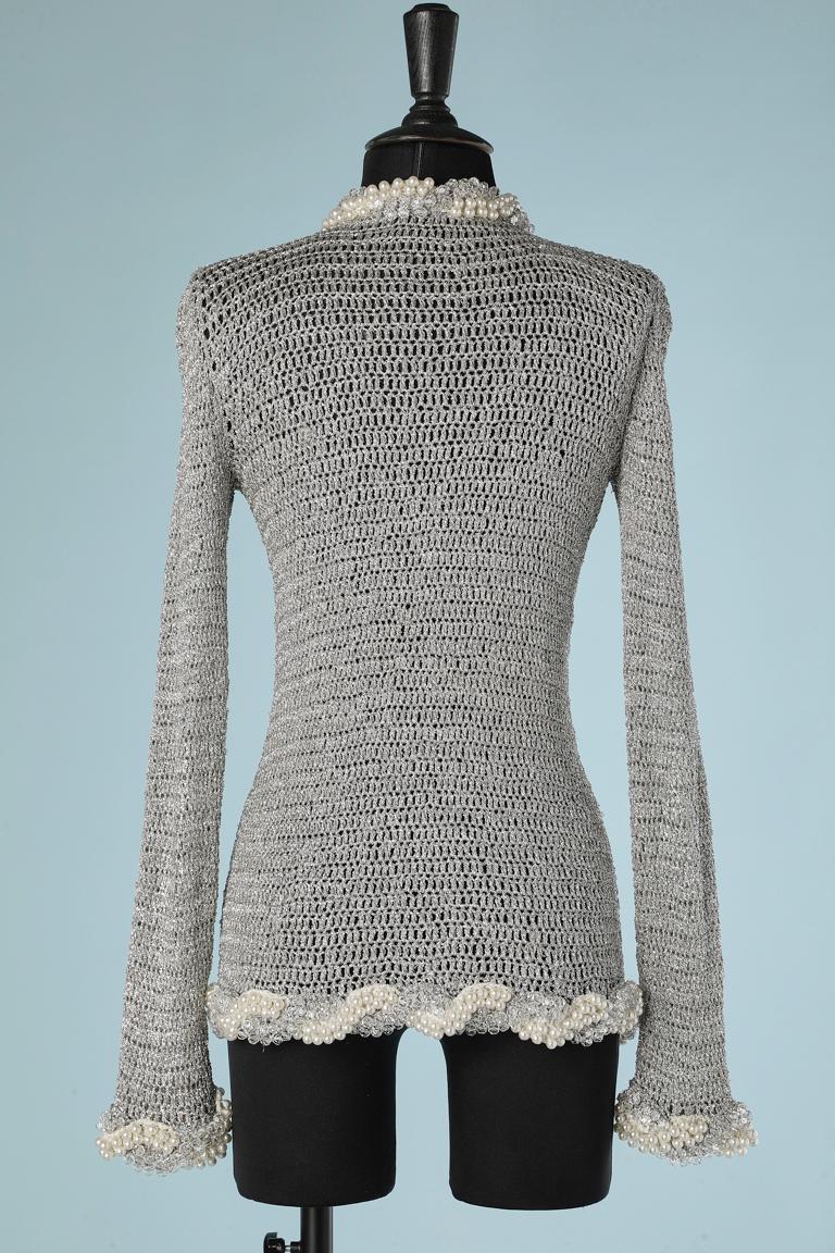 Women's Silver lurex knitted cardigan beaded on the front Loris Azzaro Paris