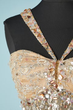 Silver lurex lace evening dress with beads and sequins embroideries