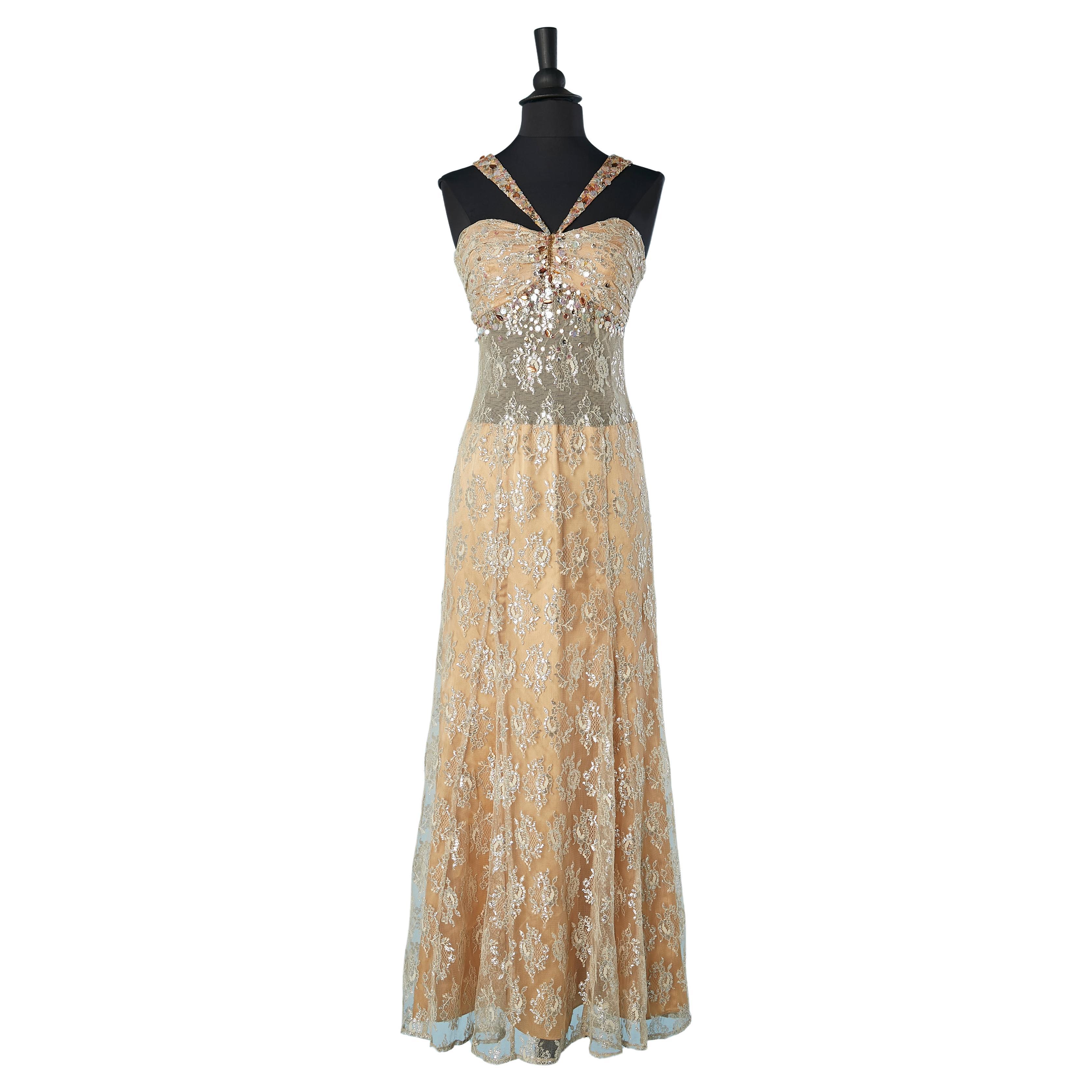 Silver lurex lace evening dress with beads and sequins embroideries  For Sale