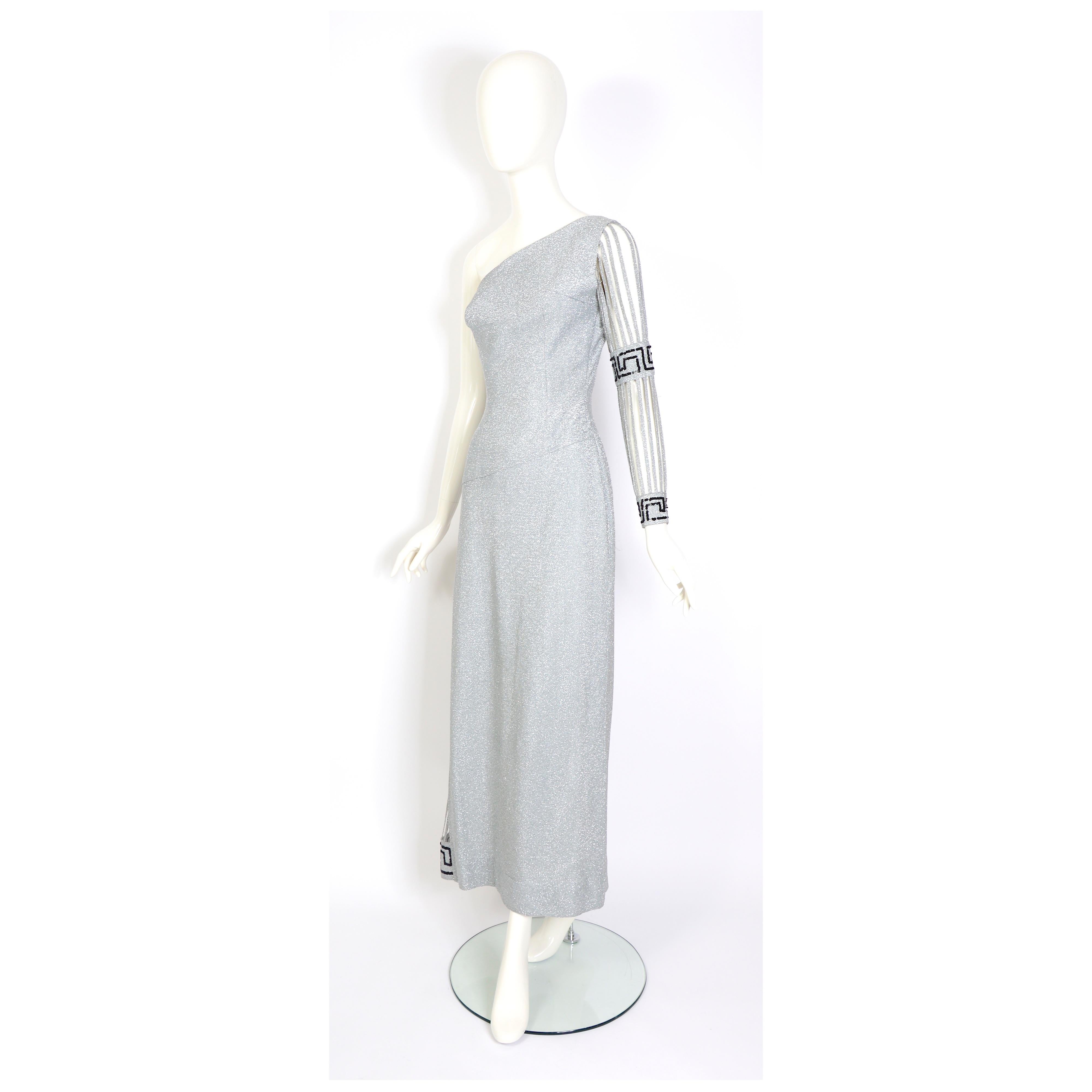 Silver lurex one sleeve vintage 1960s in the style of Pierre Cardin party dress  9