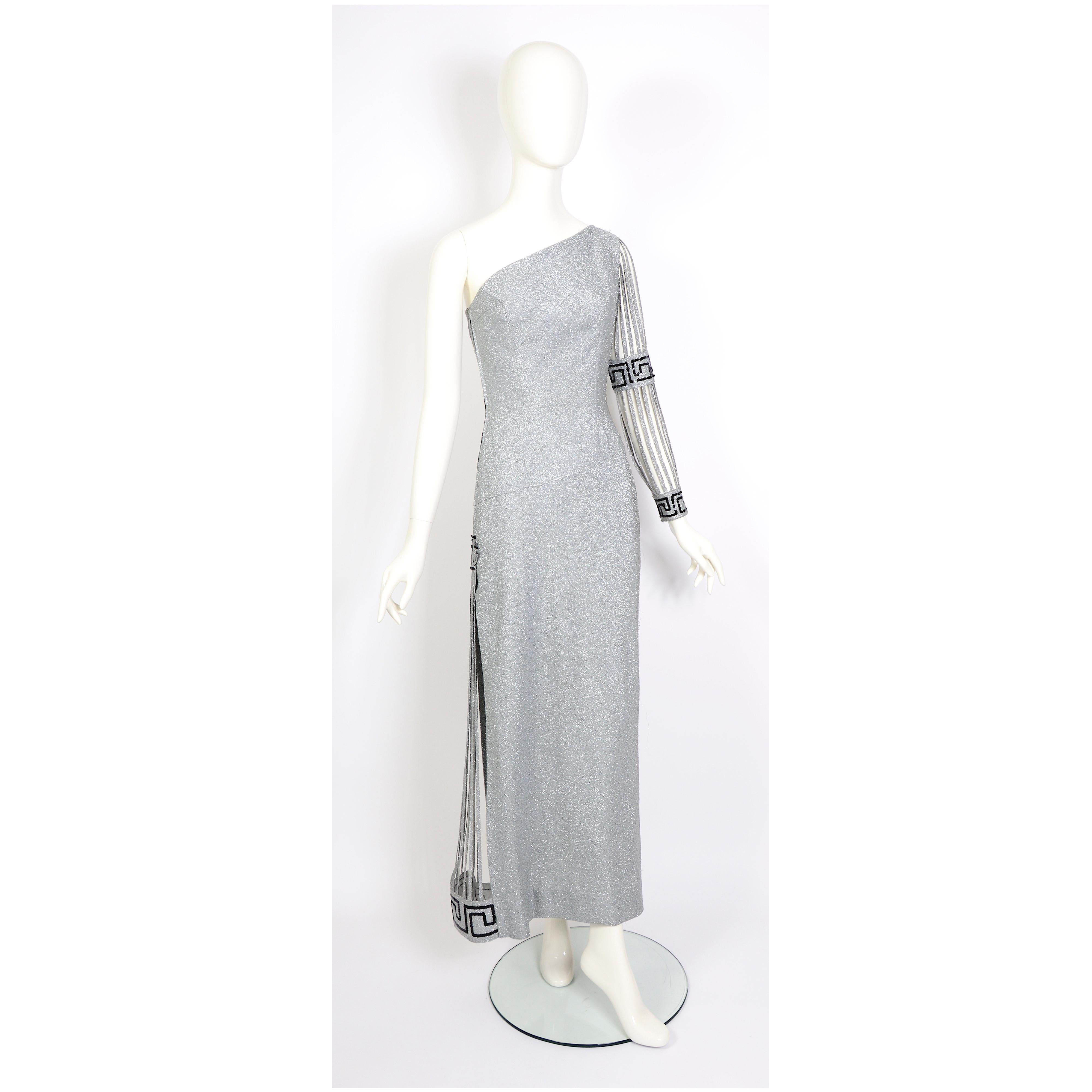 Silver lurex one sleeve vintage 1960s in the style of Pierre Cardin party dress  2