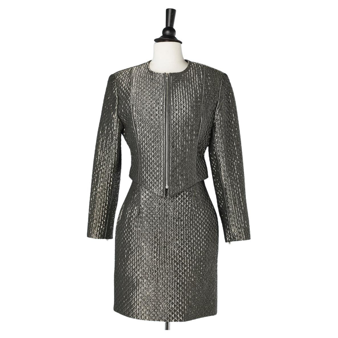 Silver lurex top-stitched skirt suit Paco Rabanne  For Sale