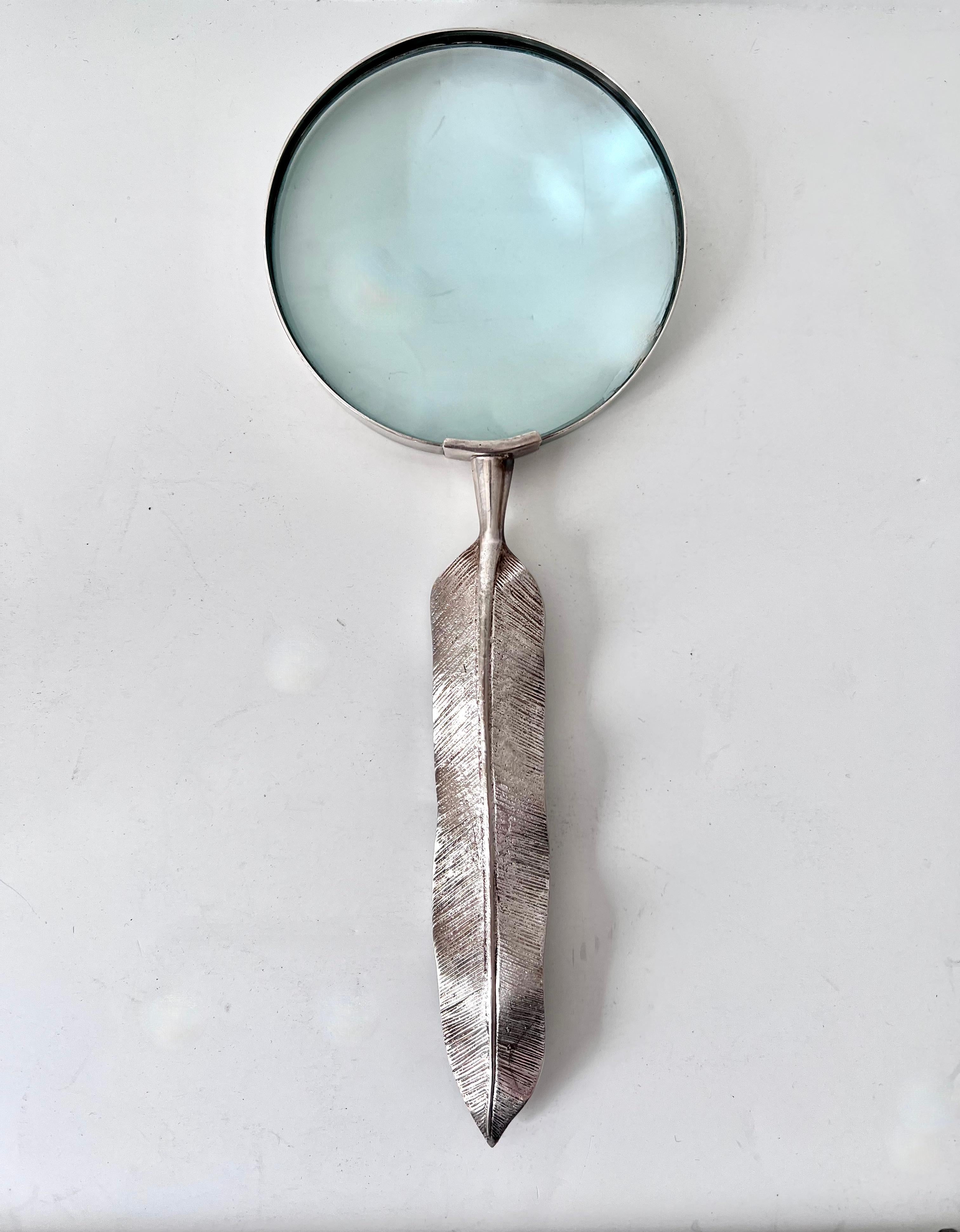 Modern Silver Magnifying Glass with a Feather Handle Letter Opener For Sale