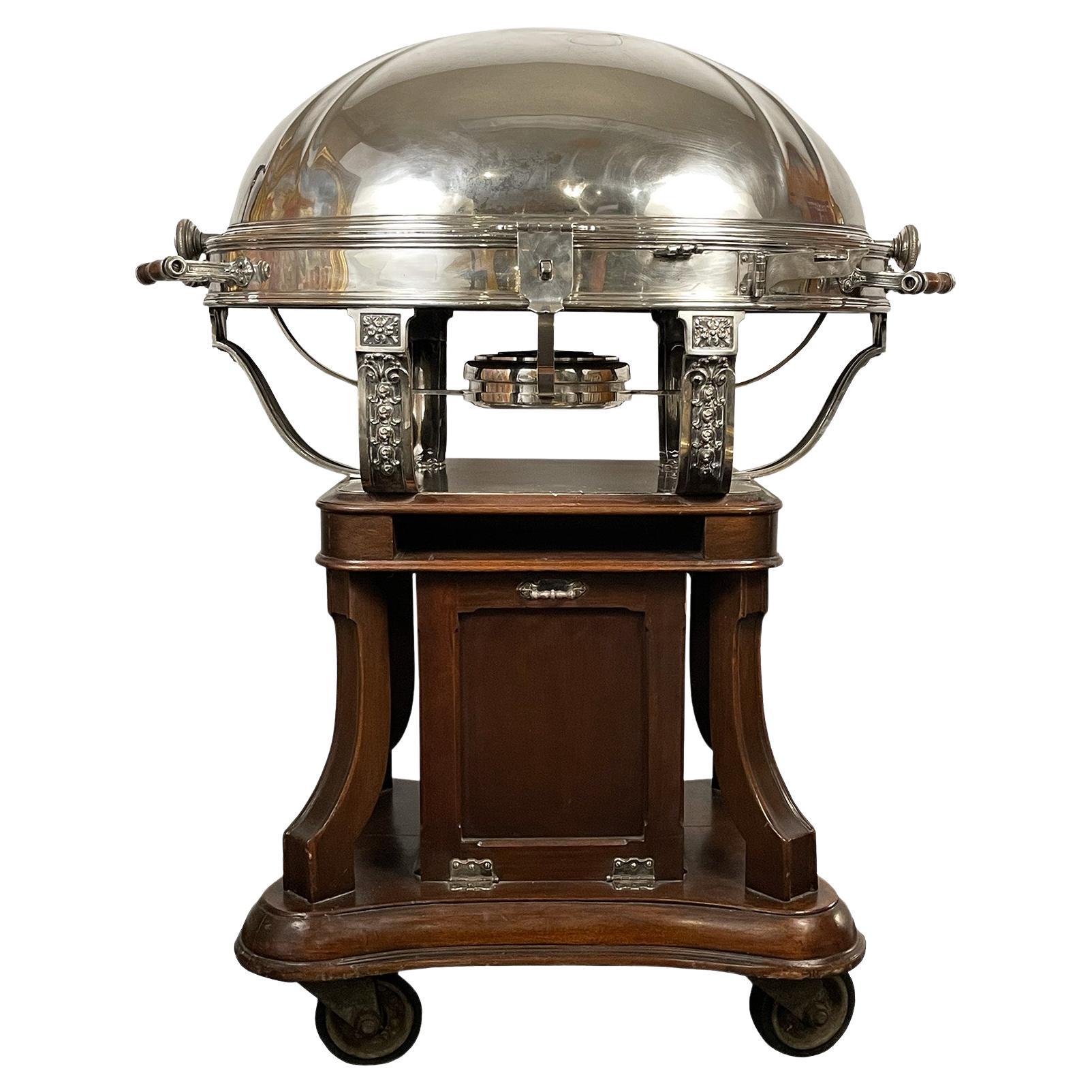 Silver 
Mahogany Serving Cart For Sale