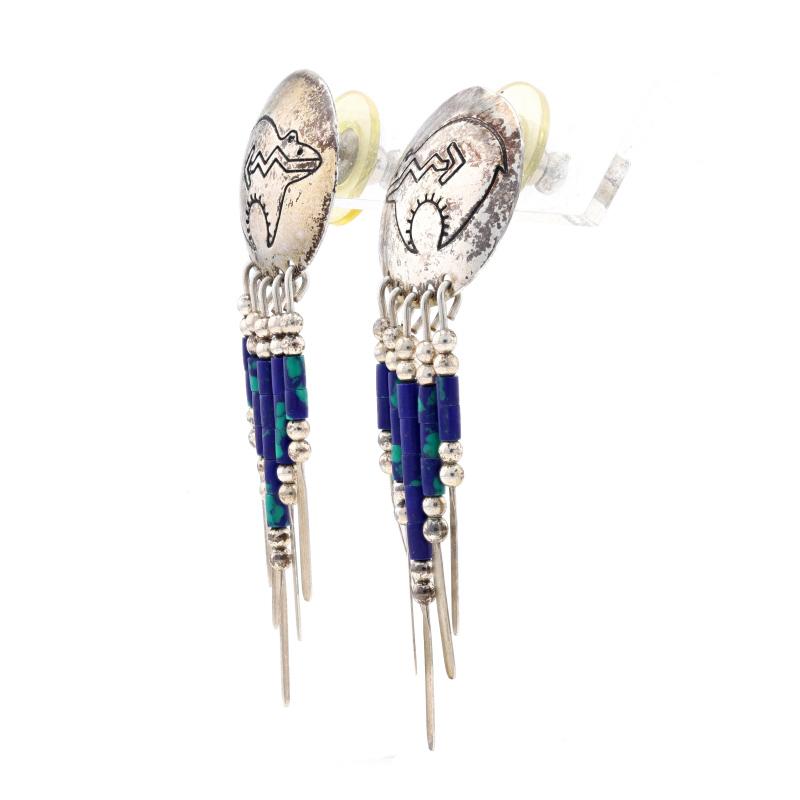 Bead Silver Malachite Azurite Heartline Spirit Bear Southwestern Dangle Earrings 925 For Sale