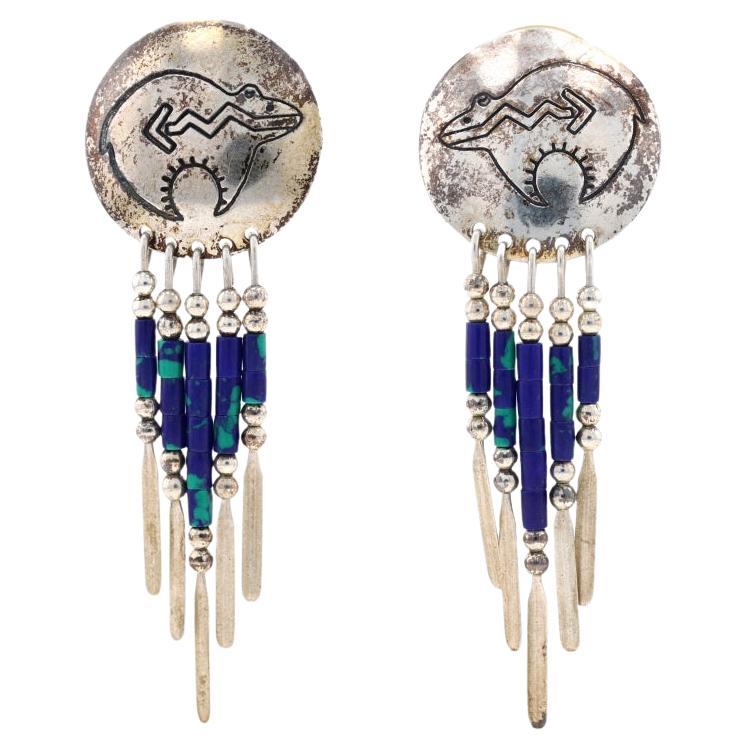 Silver Malachite Azurite Heartline Spirit Bear Southwestern Dangle Earrings 925 For Sale