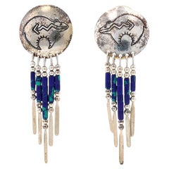 Silver Malachite Azurite Heartline Spirit Bear Southwestern Dangle Earrings 925