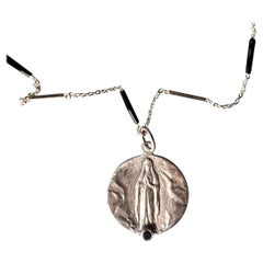 Silver Medal Coin Necklace Black Diamond Enamel Chain