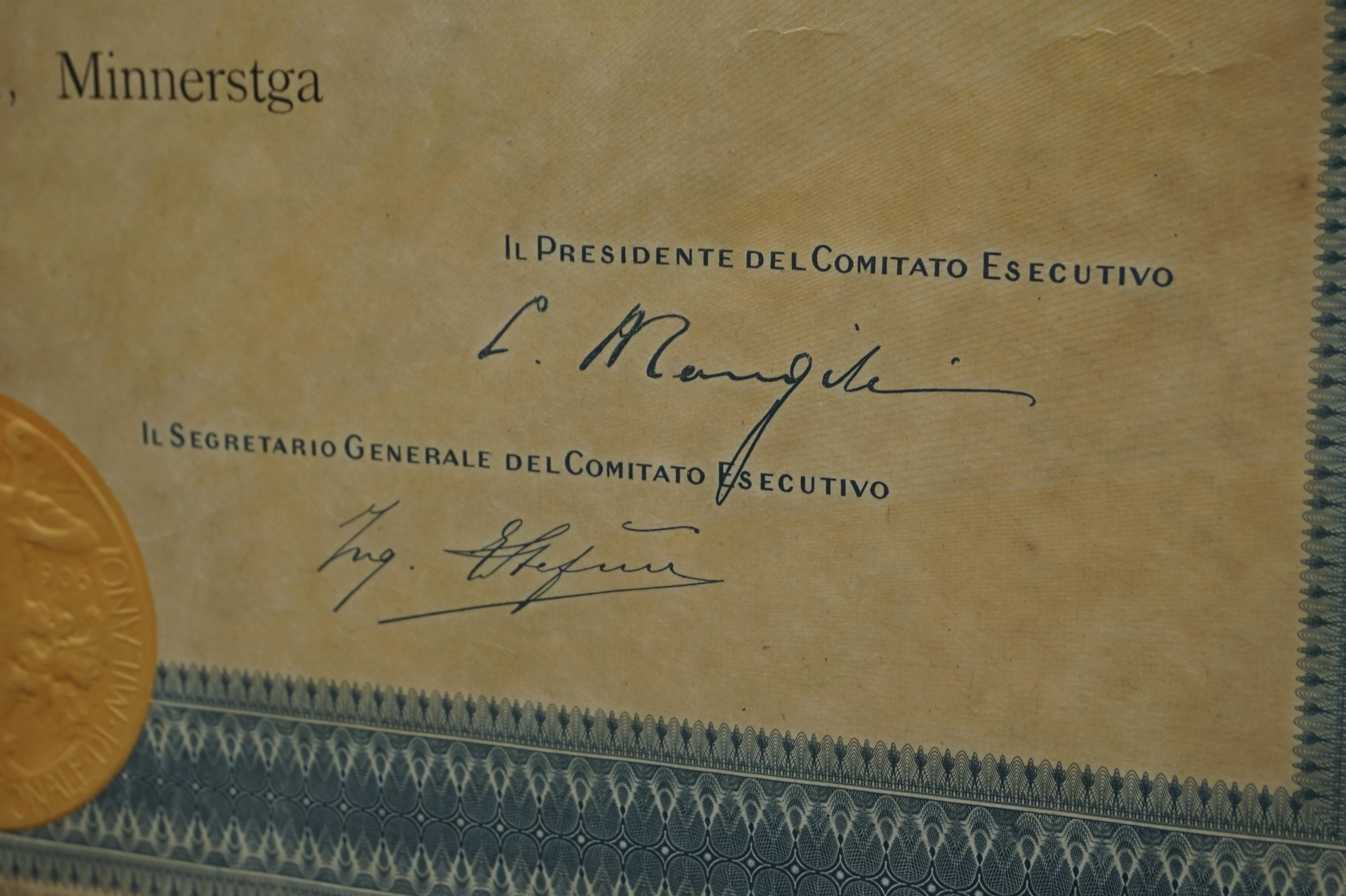 Document de la médaille d'argent de l'exposition universelle de Milan 1906 dans un cadre Arts and Crafts en vente 5