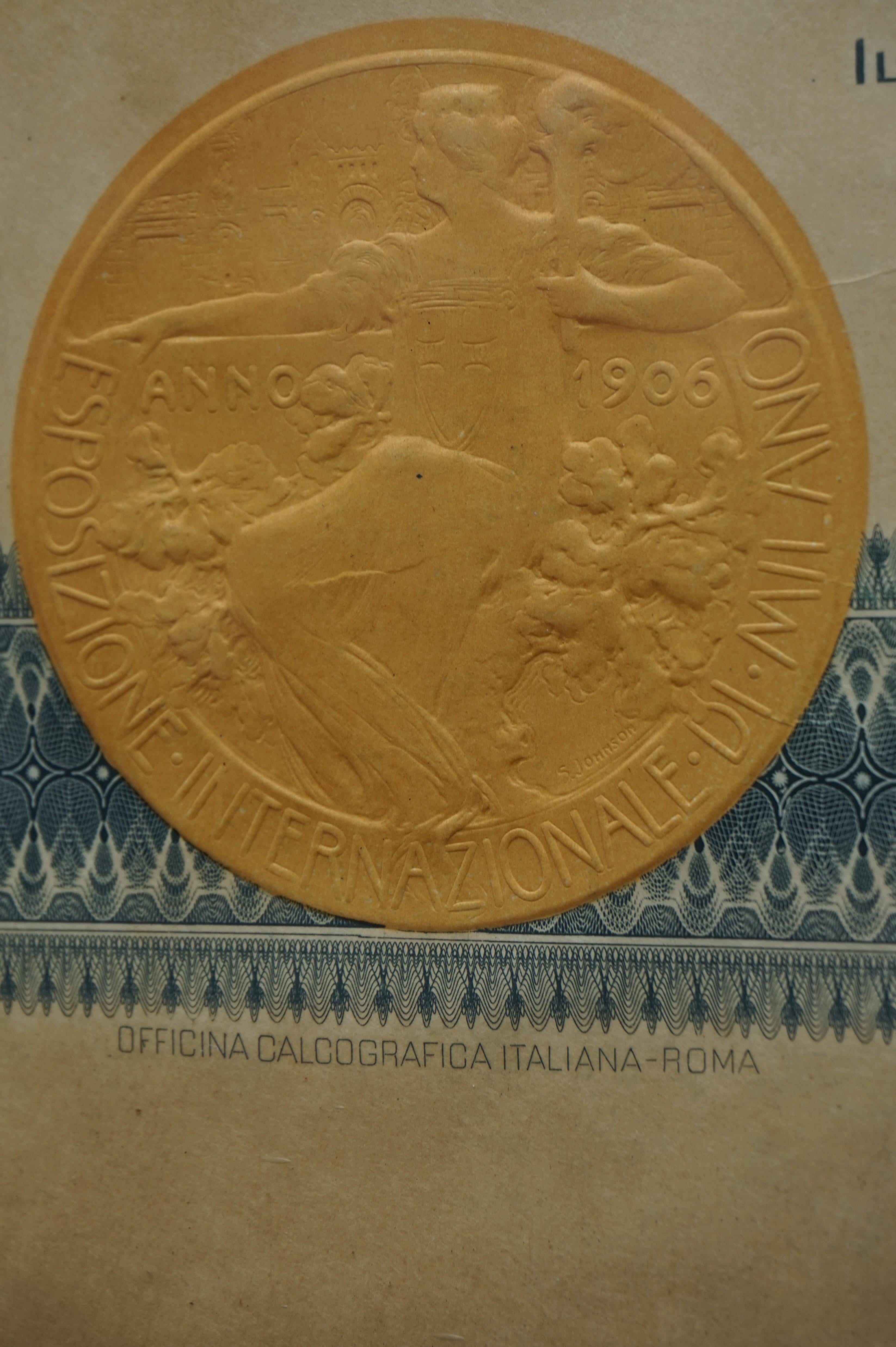 Document de la médaille d'argent de l'exposition universelle de Milan 1906 dans un cadre Arts and Crafts en vente 6