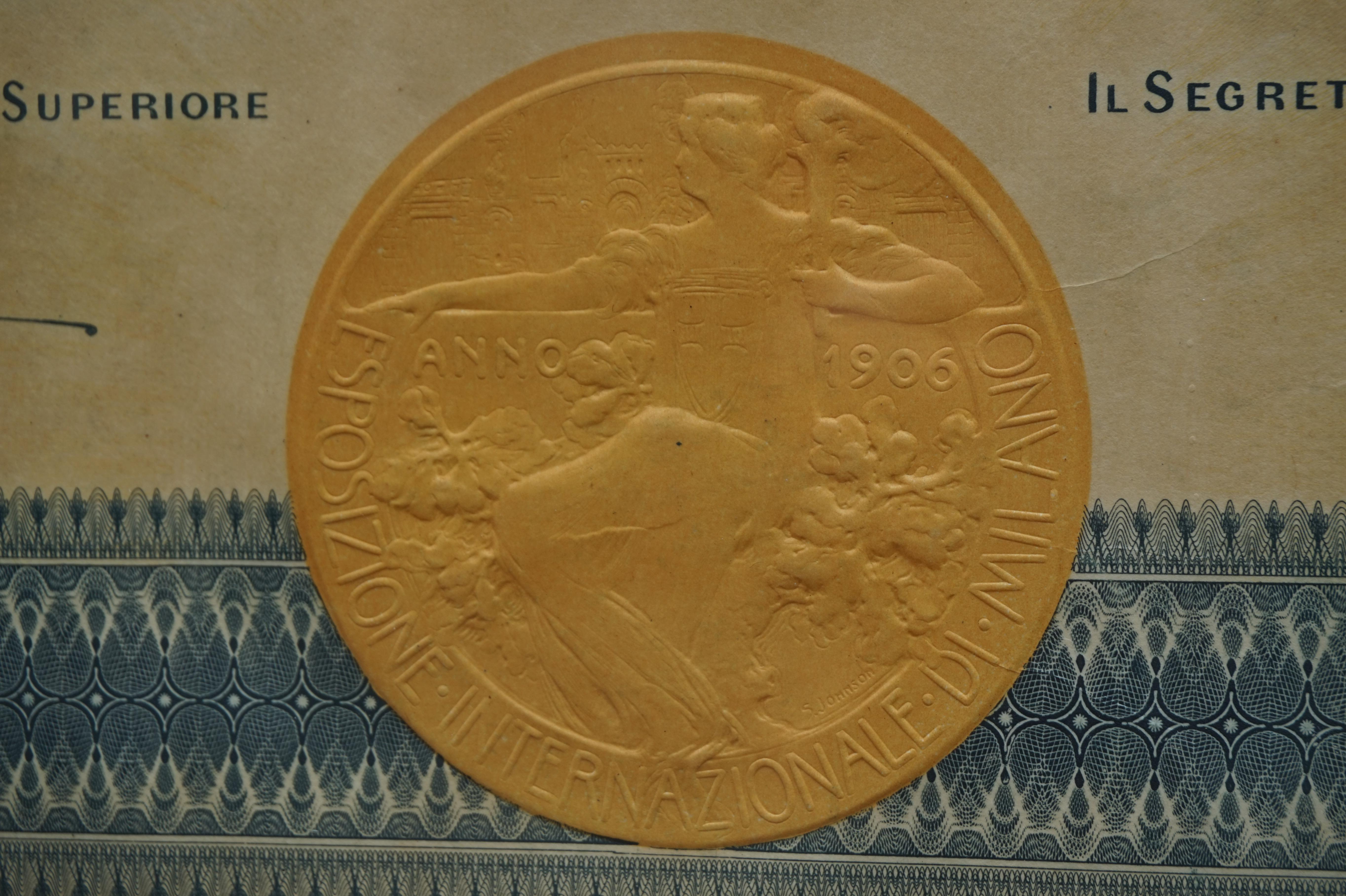 Document de la médaille d'argent de l'exposition universelle de Milan 1906 dans un cadre Arts and Crafts 7