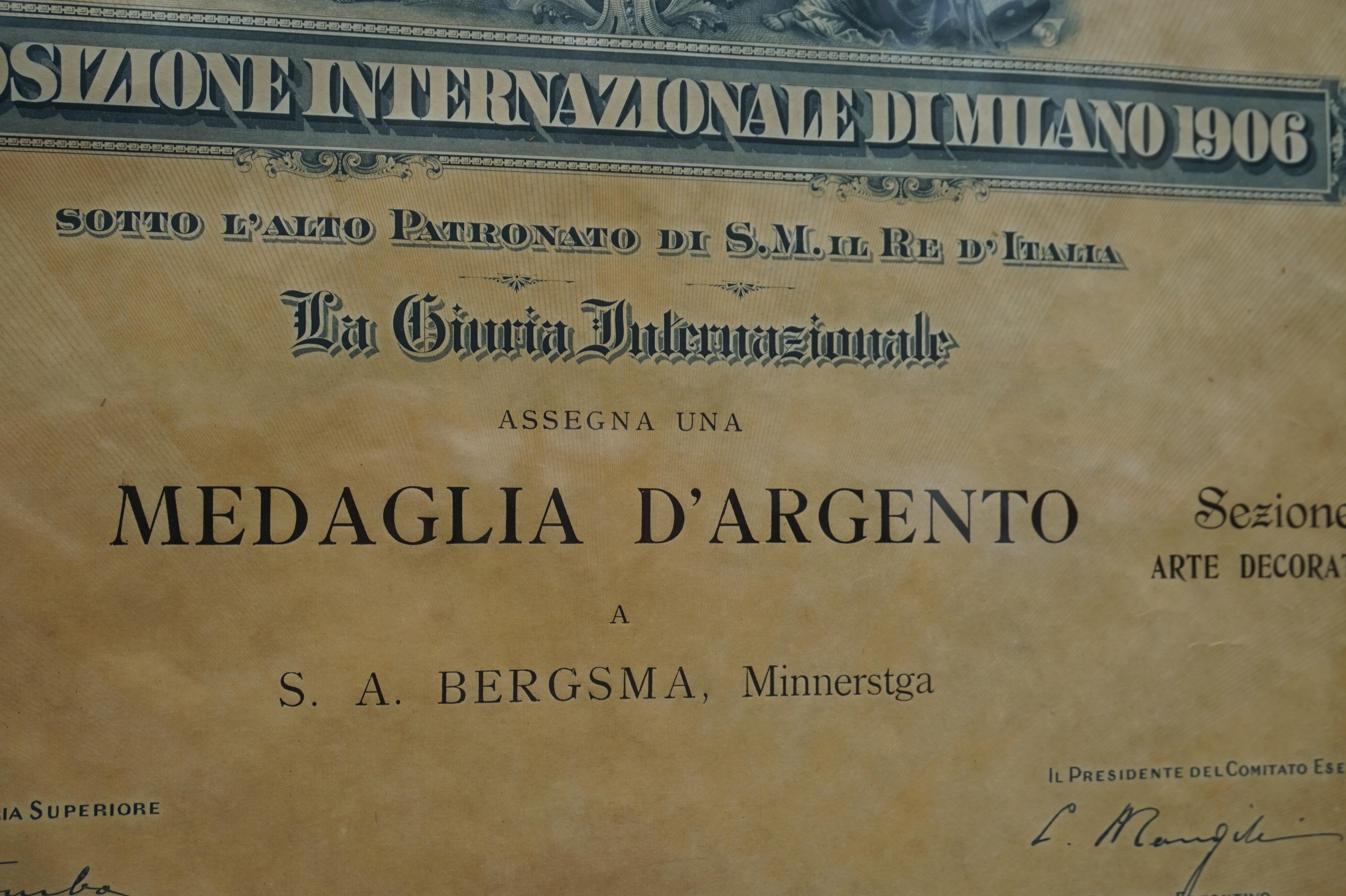 Document de la médaille d'argent de l'exposition universelle de Milan 1906 dans un cadre Arts and Crafts en vente 8