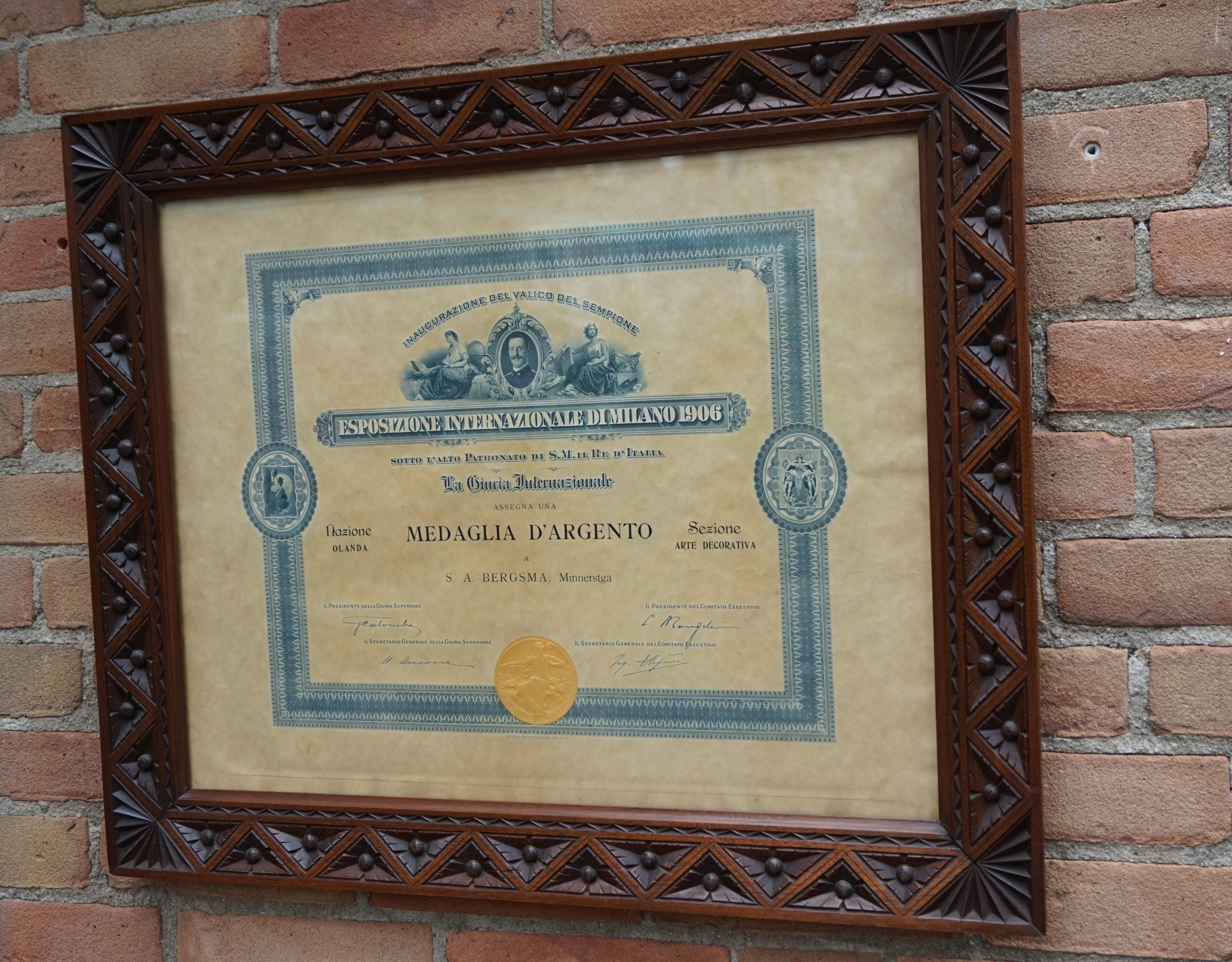 Silver Medal Document of World Exhibition in Milan 1906 in Arts and Crafts Frame For Sale 11