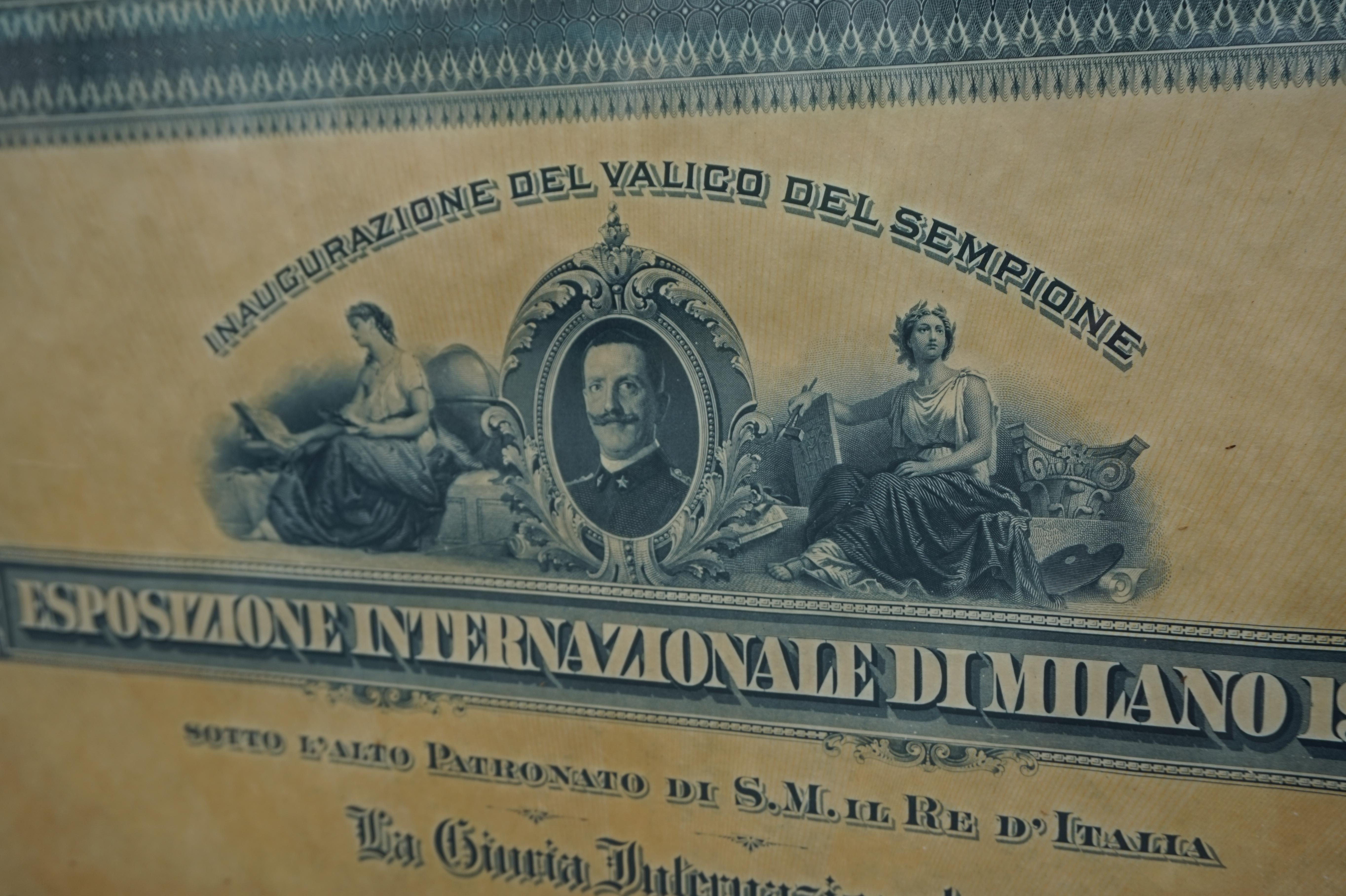 Italian Silver Medal Document of World Exhibition in Milan 1906 in Arts and Crafts Frame For Sale