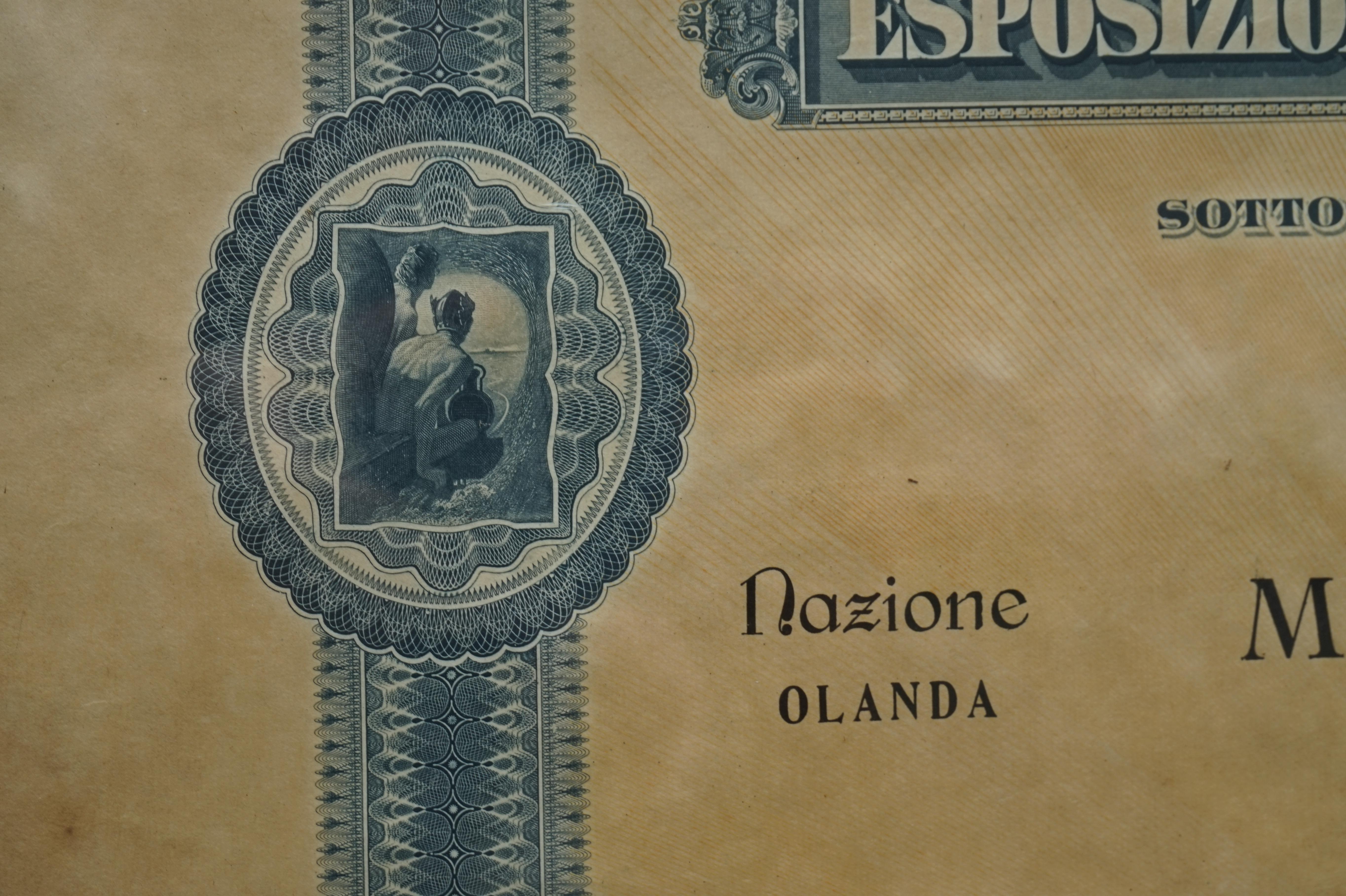 Papier Document de la médaille d'argent de l'exposition universelle de Milan 1906 dans un cadre Arts and Crafts