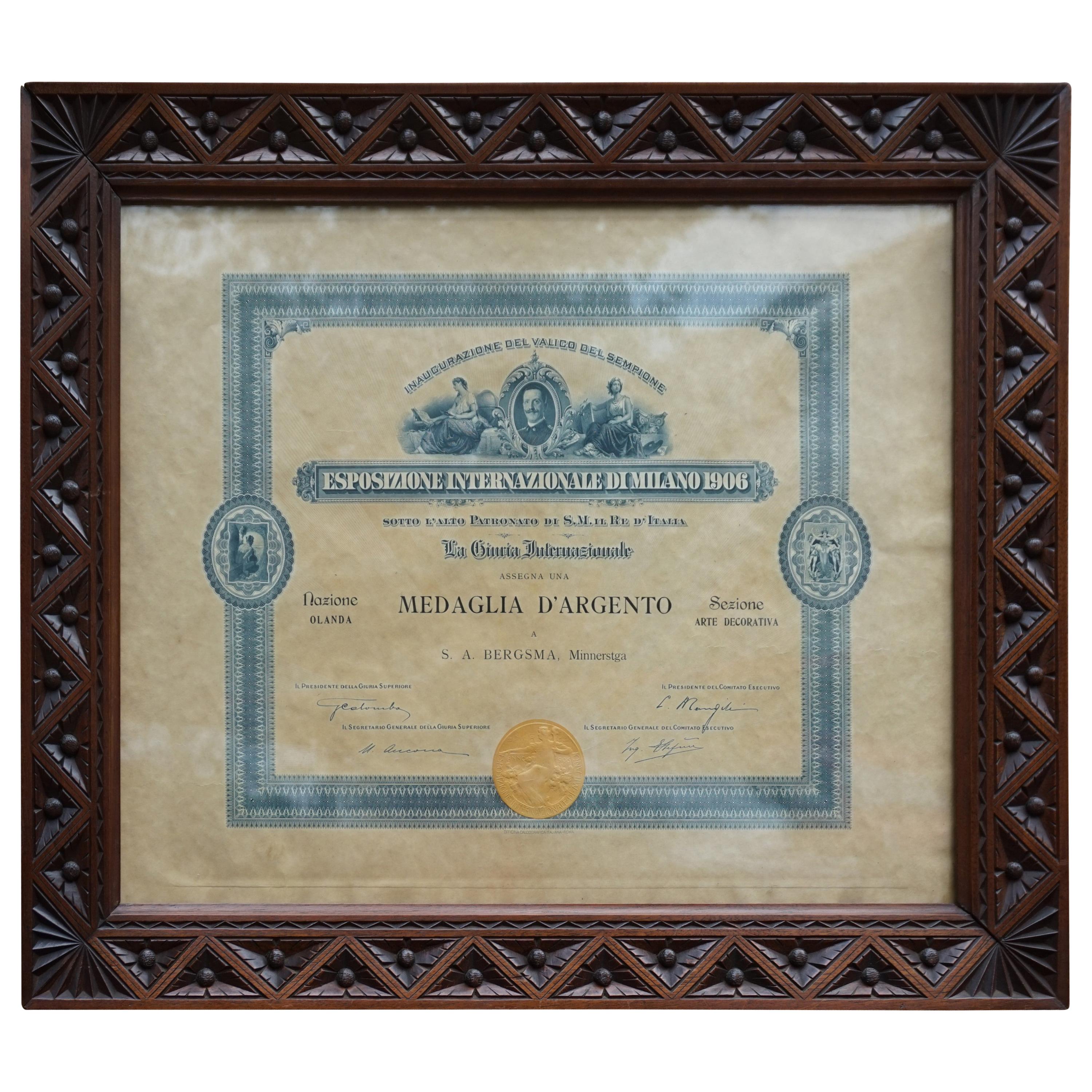 Silver Medal Document of World Exhibition in Milan 1906 in Arts and Crafts Frame For Sale
