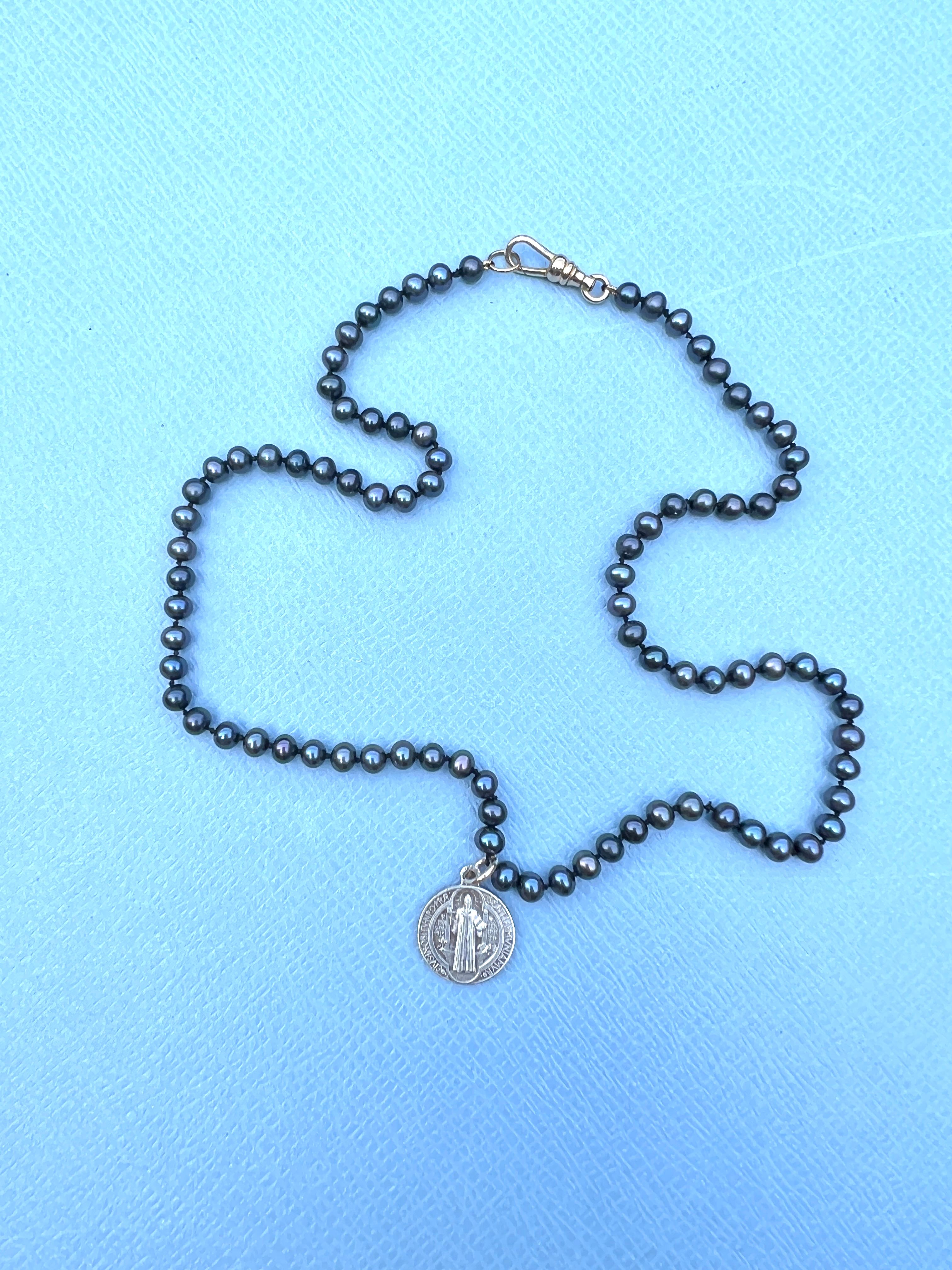 Contemporary Silver Medal Necklace Black Pearl Bead Choker For Sale